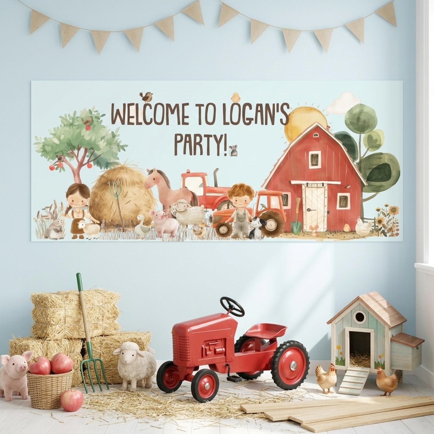 Personalised Farmyard Birthday Banner, Custom Farm Theme Party Backdrop