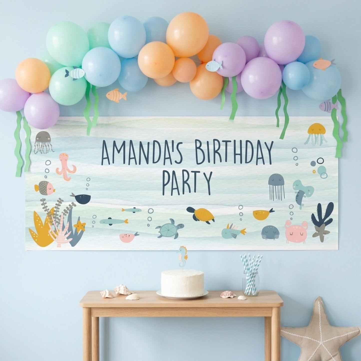 Personalised Under The Sea Birthday Banner, Custom Ocean Theme Party Backdrop
