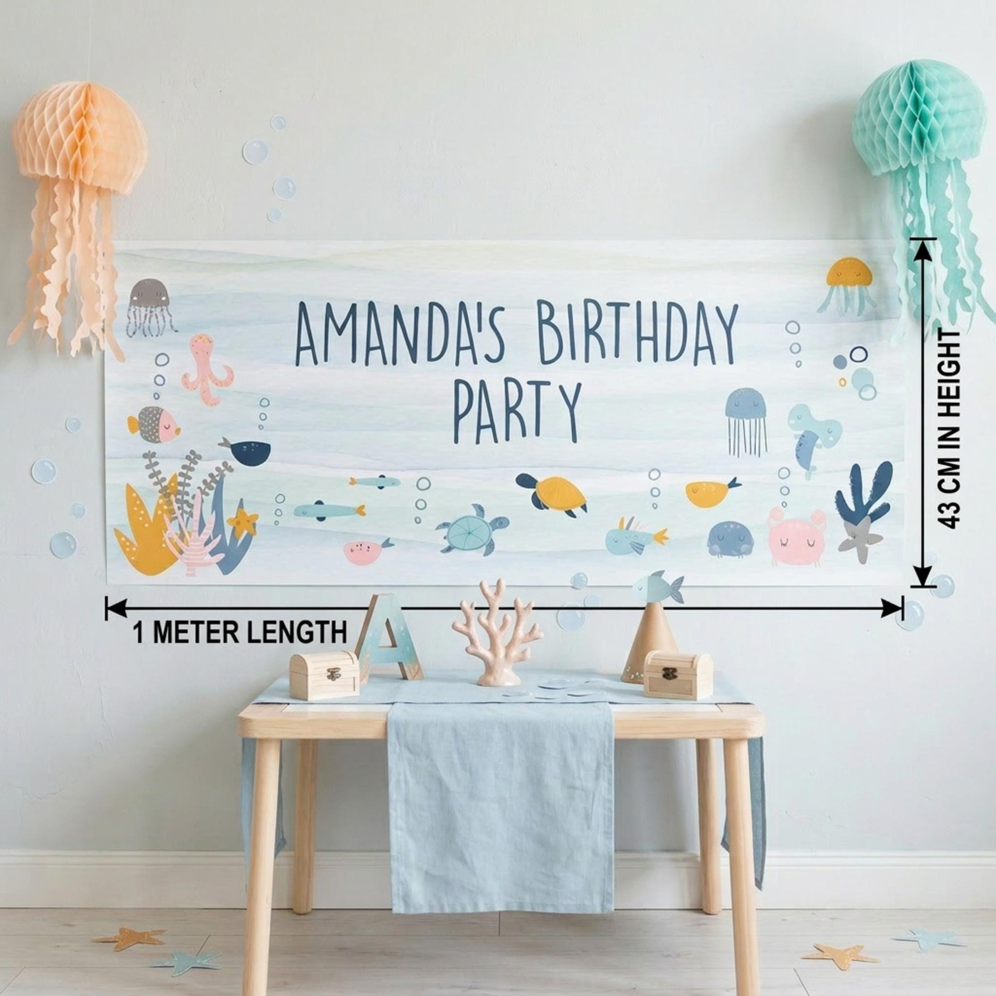 Personalised Under The Sea Birthday Banner, Custom Ocean Theme Party Backdrop