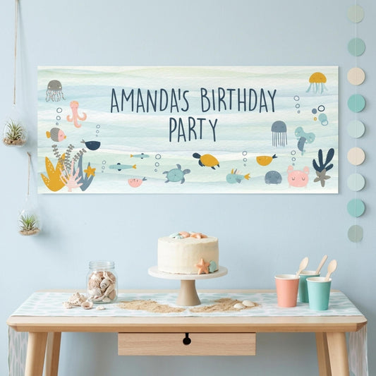 Personalised Under The Sea Birthday Banner, Custom Ocean Theme Party Backdrop