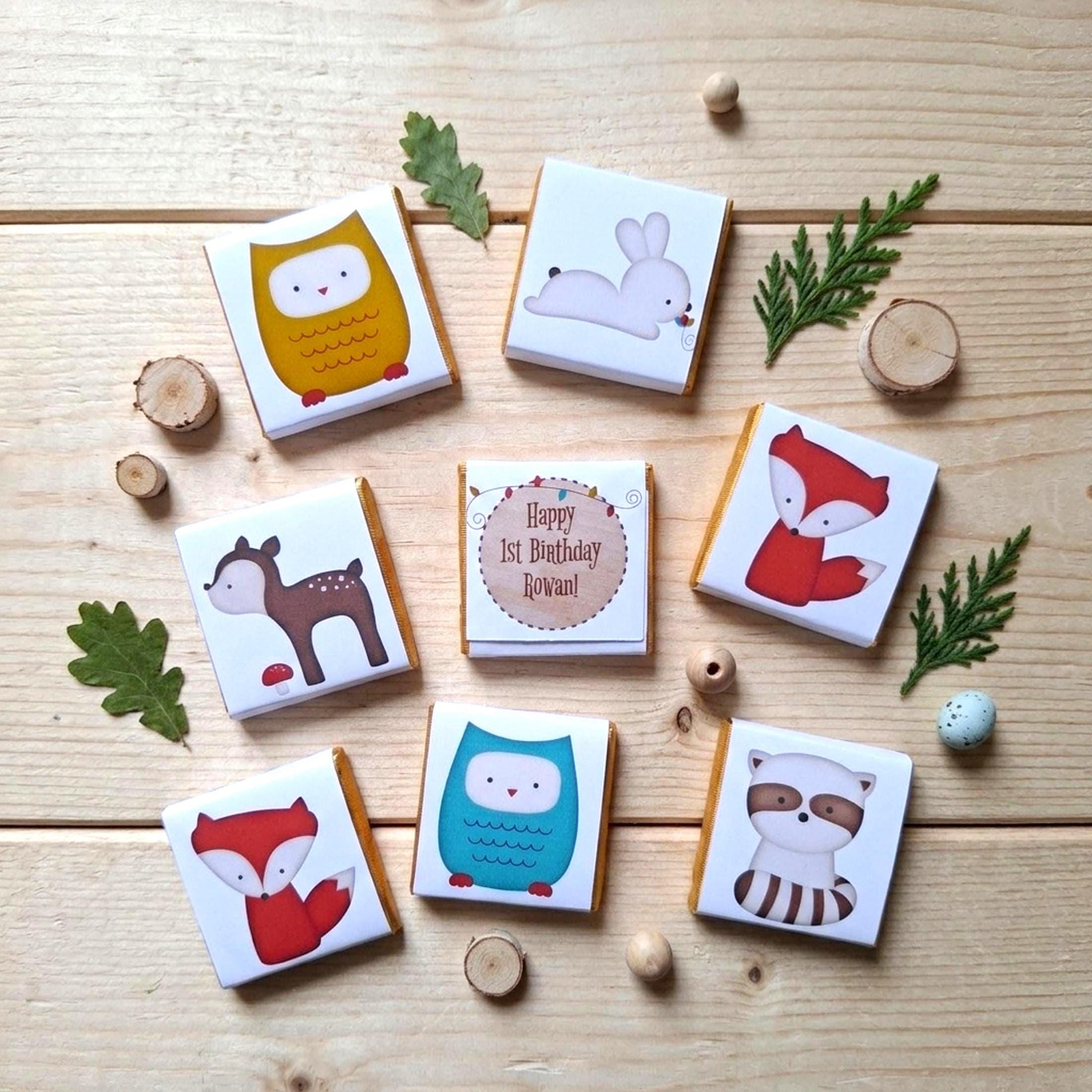 Personalised Woodland Chocolate Favours – Forest Animal Birthday Treats, Baby Shower Bag Fillers