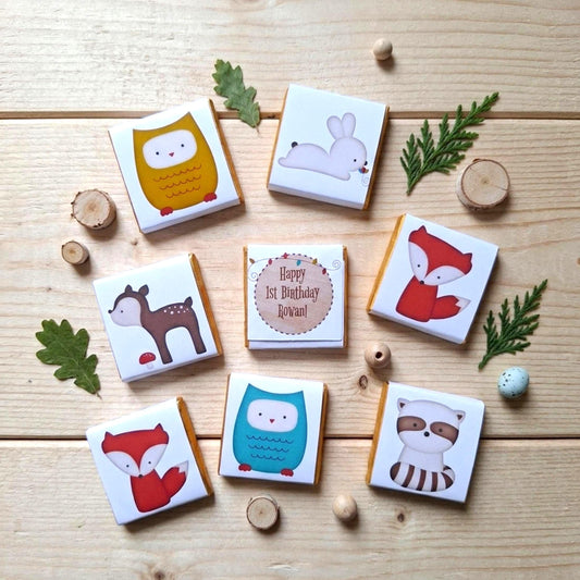 Personalised Woodland Chocolate Favours – Forest Animal Birthday Treats, Baby Shower Bag Fillers