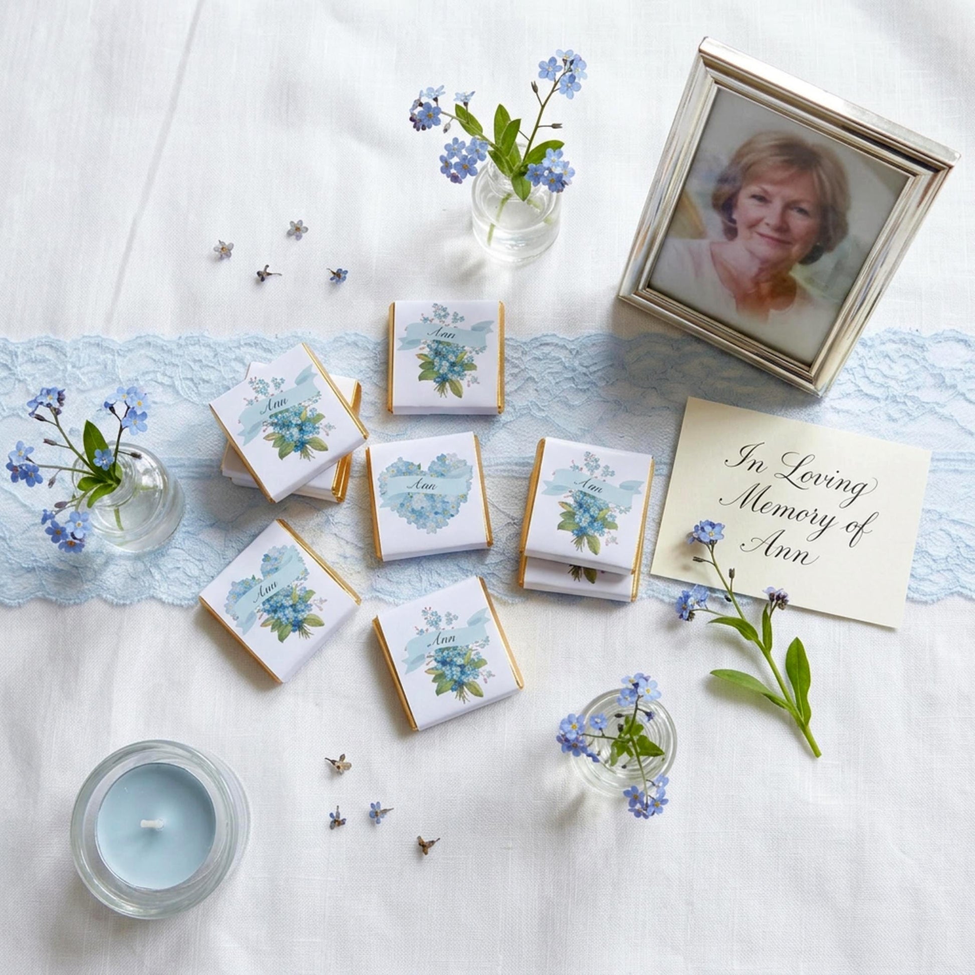 Personalised Forget Me Not Memorial Chocolate Favours – Remembrance Guest Gifts