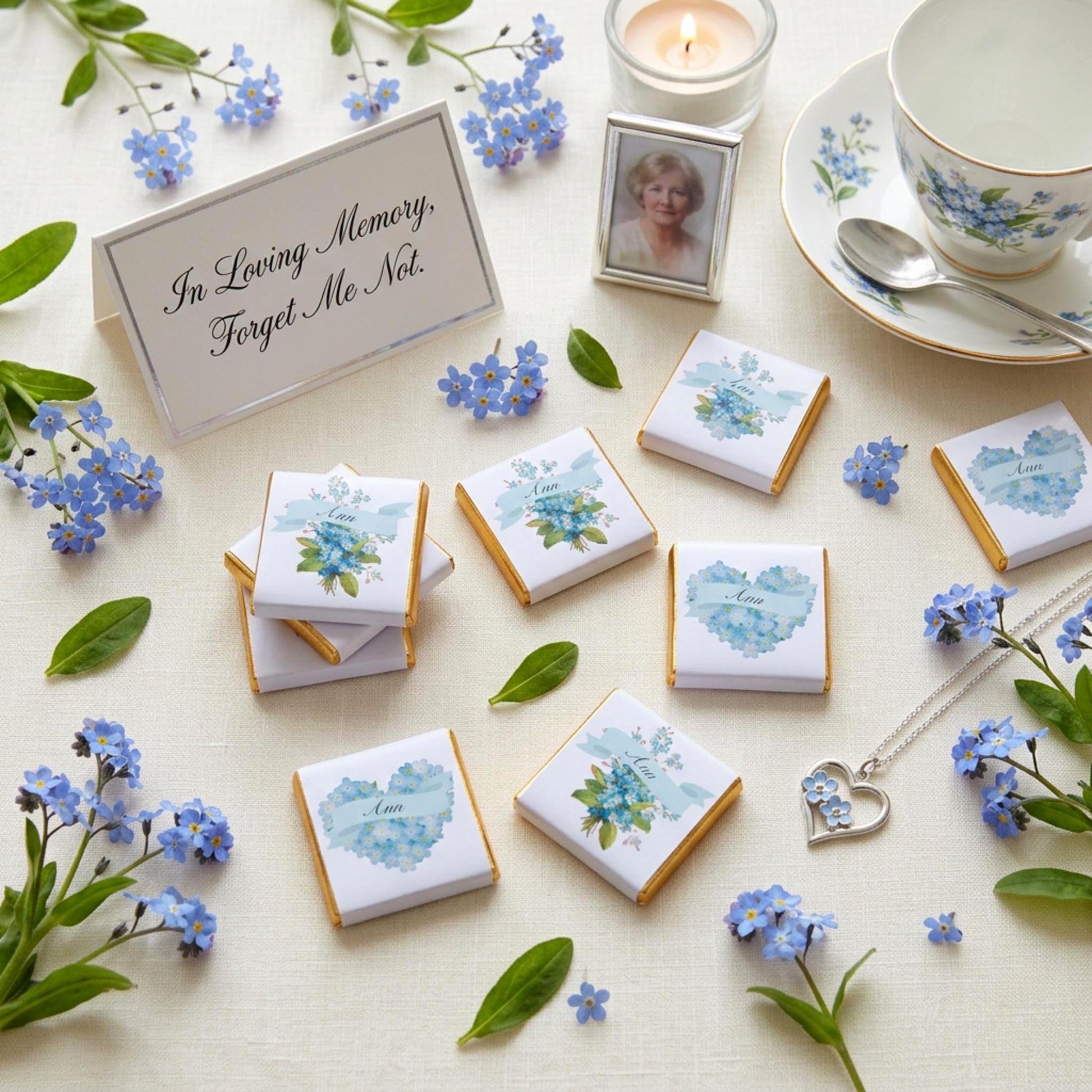Personalised Forget Me Not Memorial Chocolate Favours – Remembrance Guest Gifts