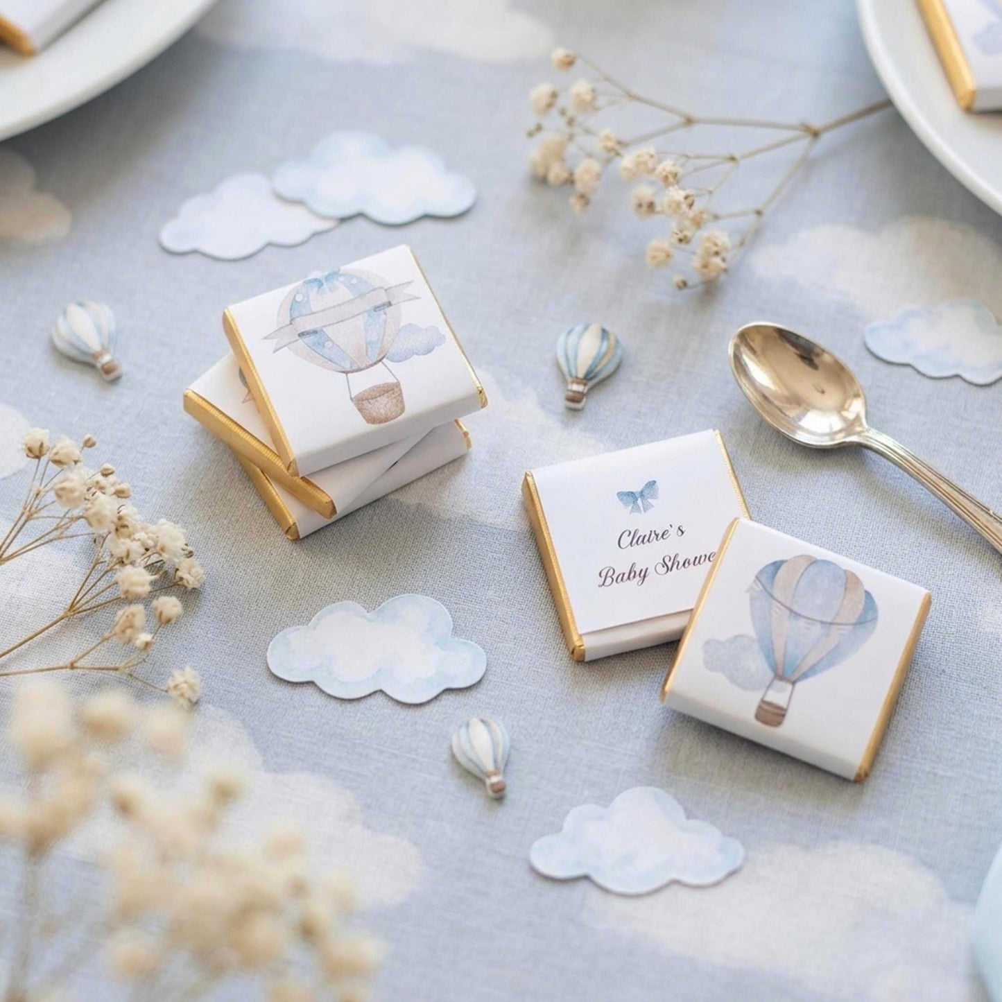 Personalised Baby Boy Shower Favours - Blue Hot Air Balloon Chocolate Treats - Custom Adventure Awaits Guest Gifts - Little Man Party Bags