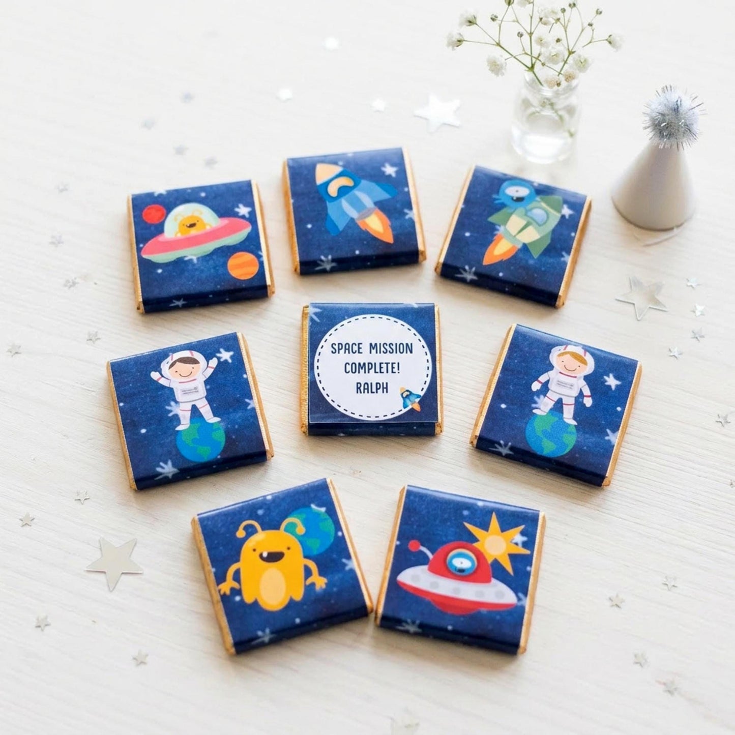 Personalised Space Birthday Chocolates – Astronaut Rocket Party Favours