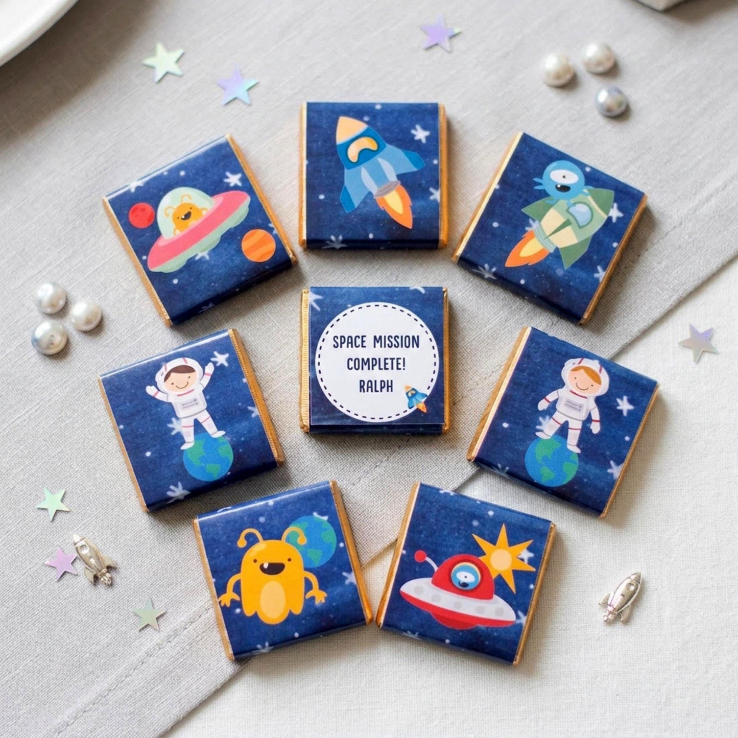 Personalised Space Birthday Chocolates – Astronaut Rocket Party Favours