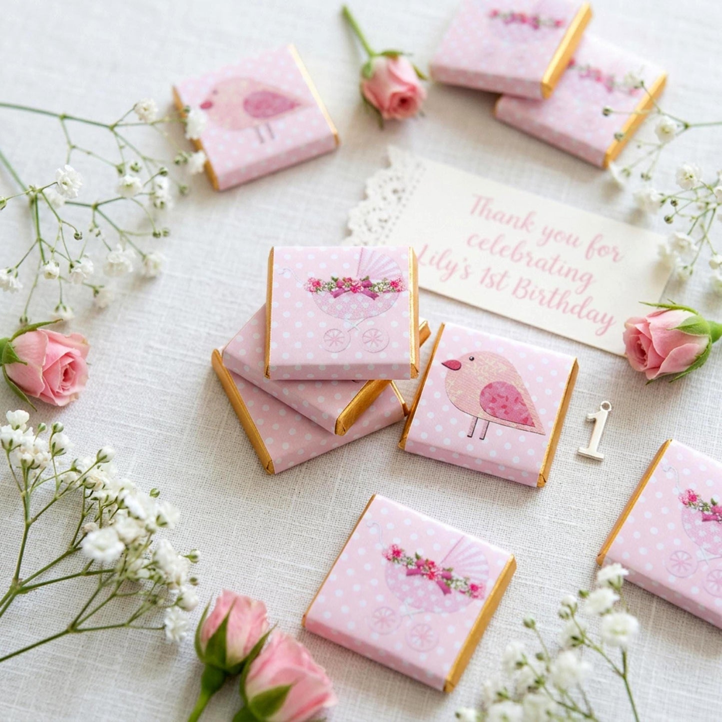 Personalised Baby Girl Chocolate Favours – Pink Bird Pram Sweets