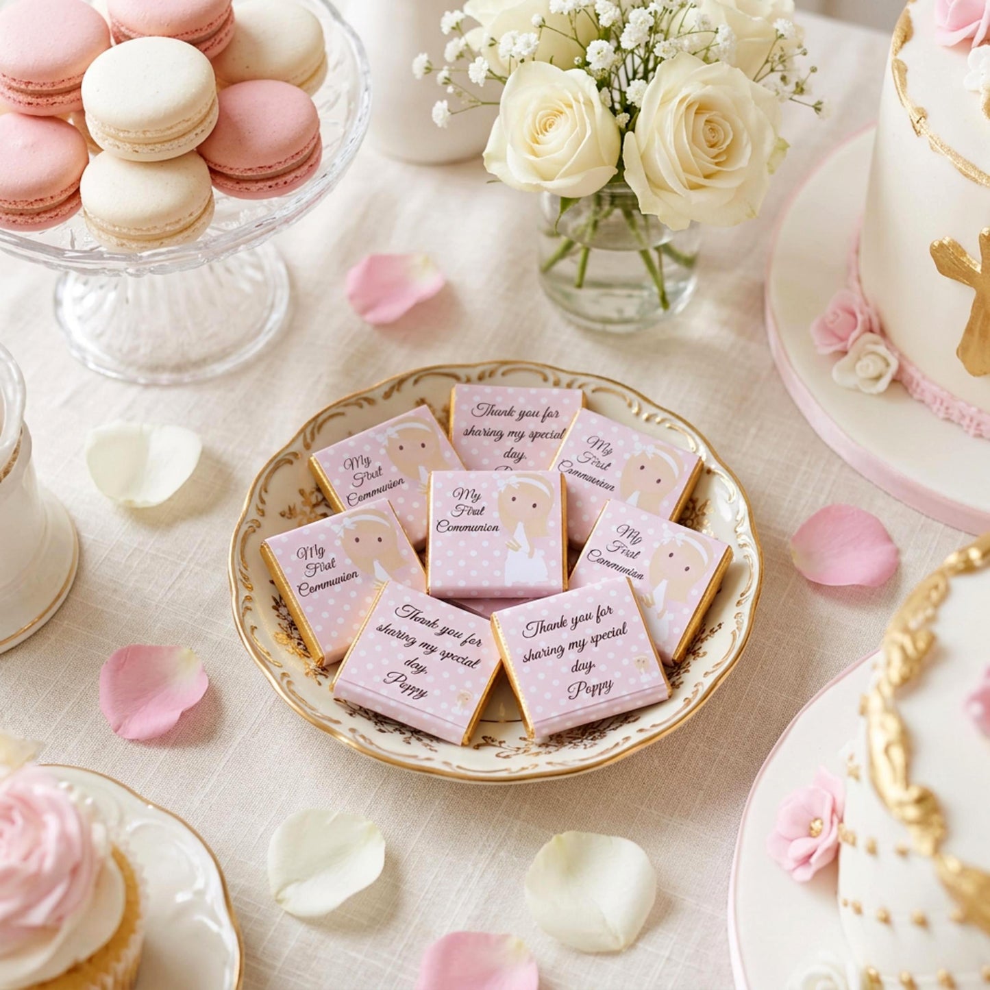 Personalised 1st Holy Communion Favours - Girls Pink Floral Chocolate Treats - Religious Party Bag Filler