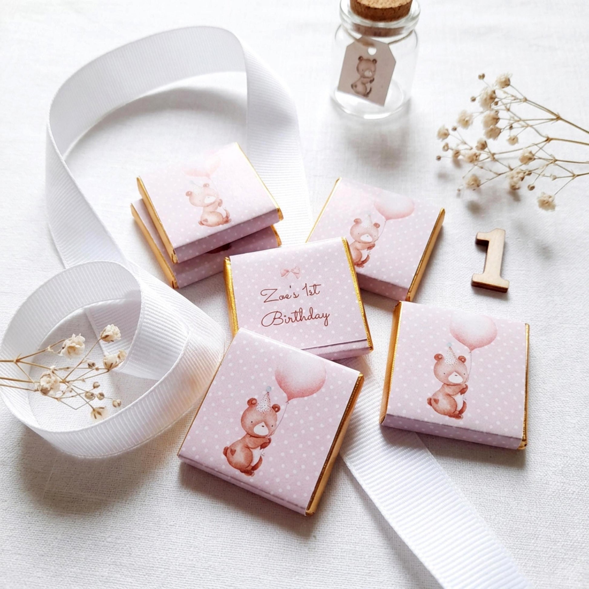 Personalised 1st Birthday Party Favours – Baby Bear Girl Treats