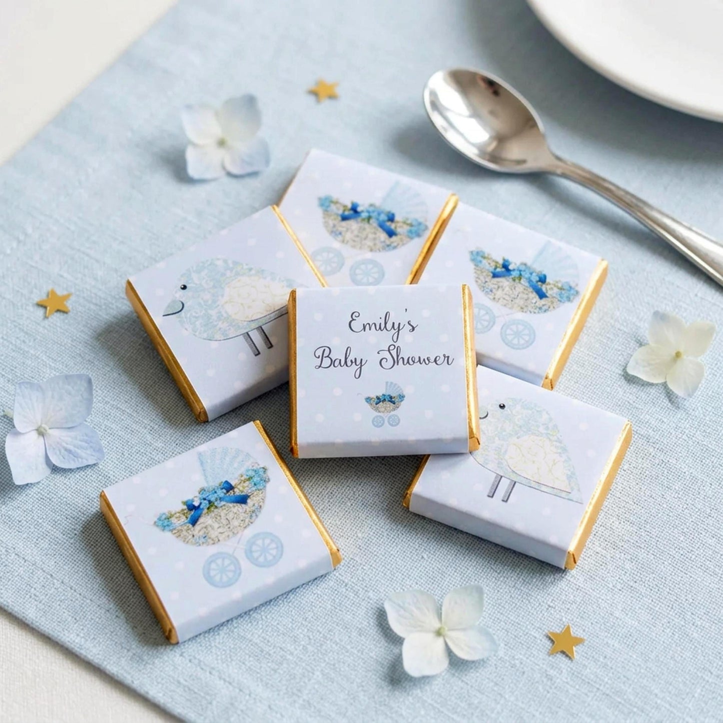 Personalised Baby Shower Chocolates – Pastel Blue Bird & Pram Treats