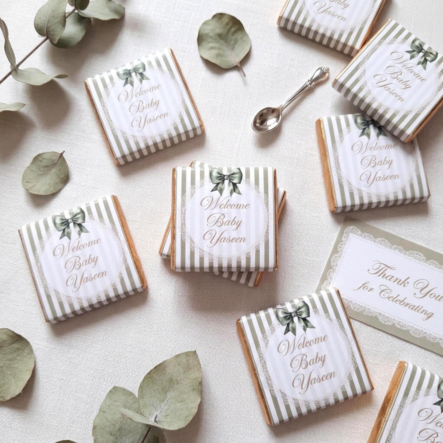 Personalised Baby Shower Party Favours – Sage Green Bow Treats