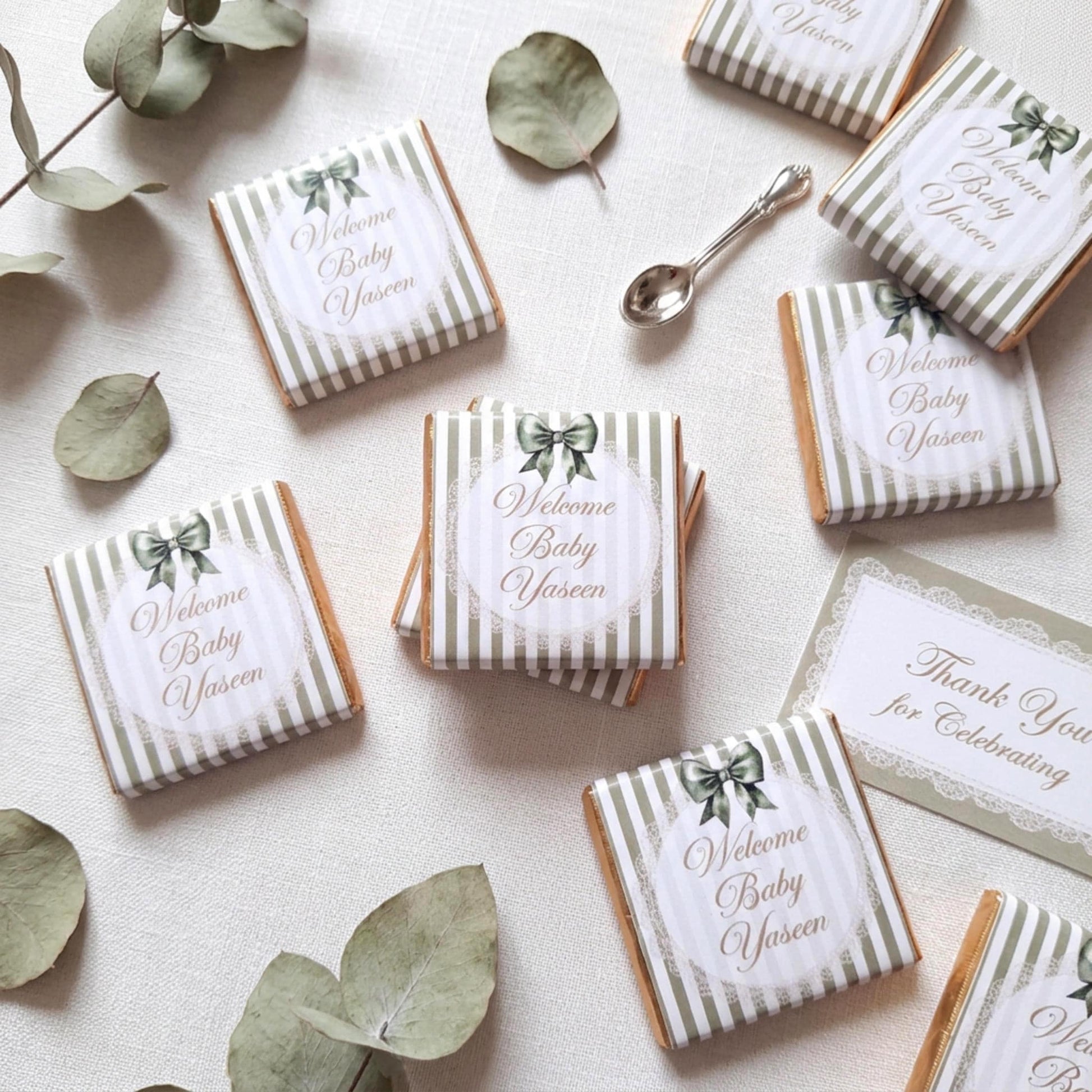 Personalised Baby Shower Party Favours – Sage Green Bow Treats