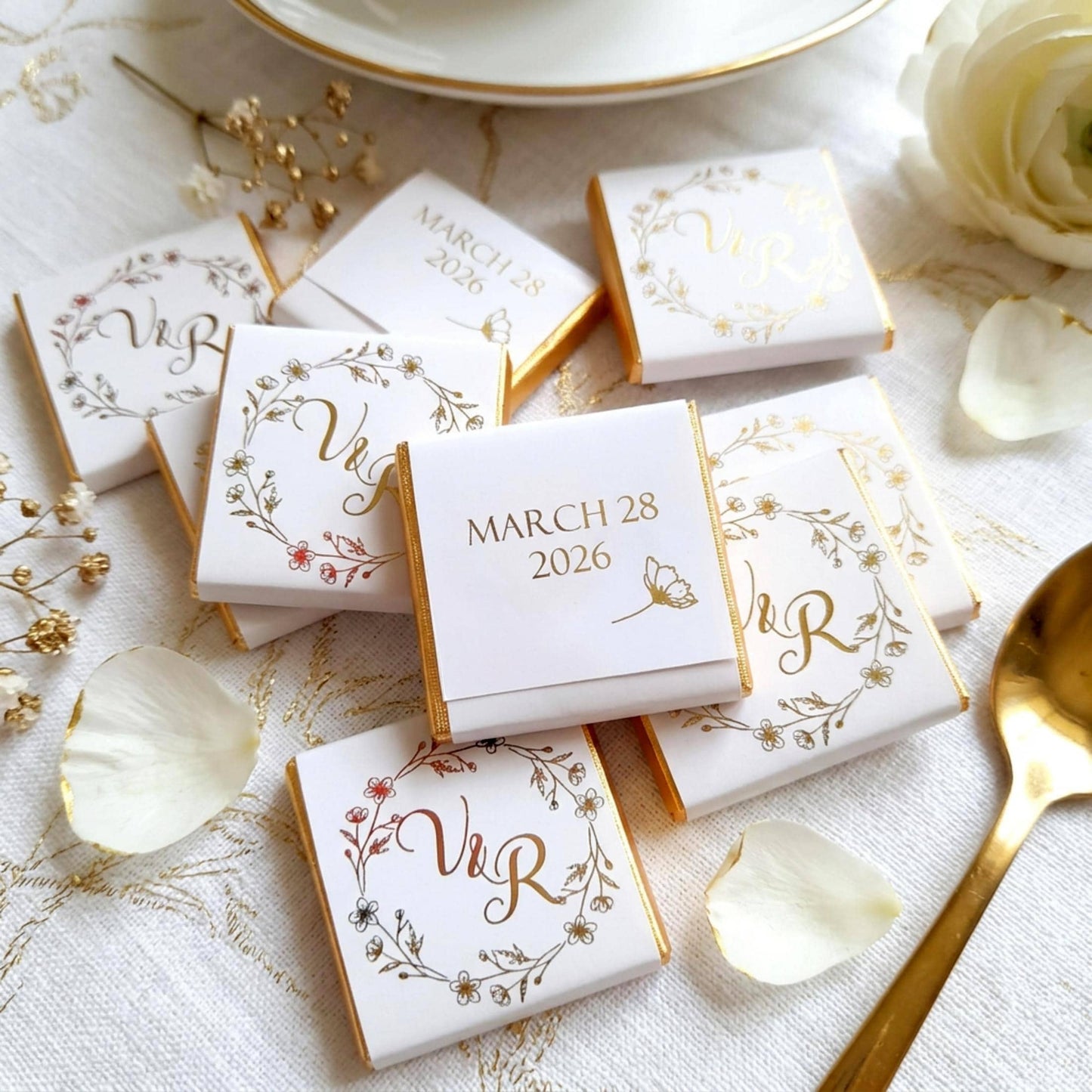 Personalised Floral Wedding Favours - Gold Foiled Chocolate Treats - Botanical Wreath Wedding Table Decor