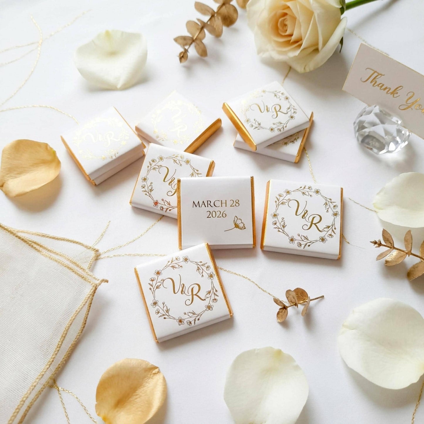 Personalised Floral Wedding Favours - Gold Foiled Chocolate Treats - Botanical Wreath Wedding Table Decor