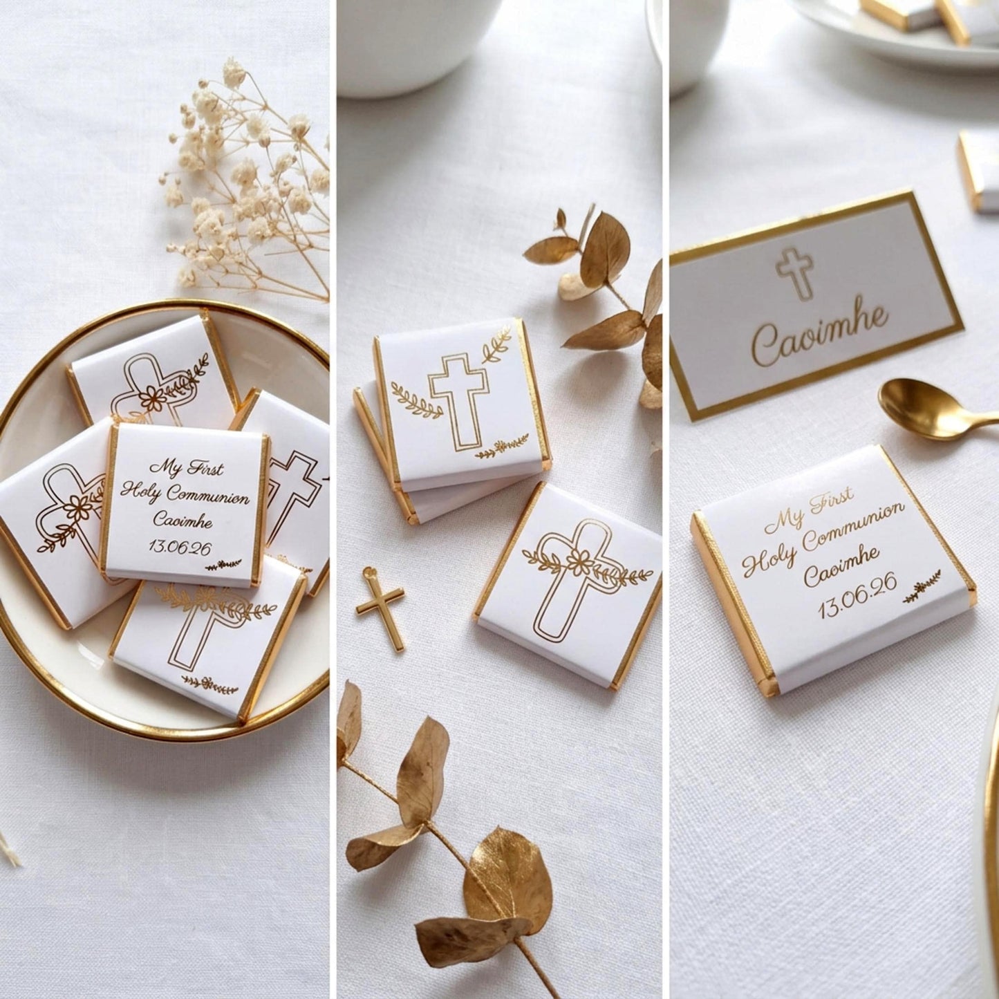 Personalised First Holy Communion Chocolates – Gold Foiled Cross Favours for Boys and Girls