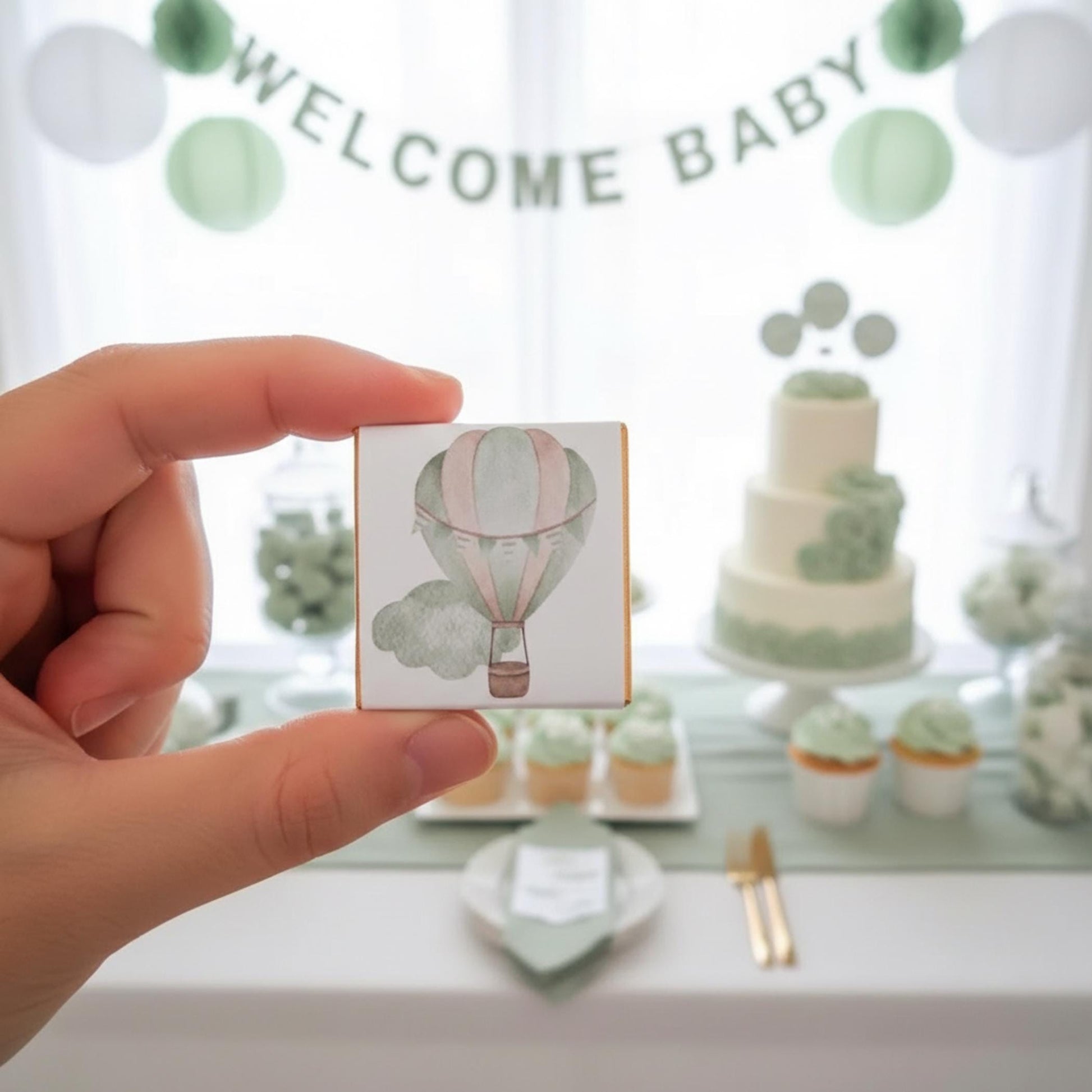 Personalised Pastel Sage Green Baby Shower Chocolate Favours – Hot Air Balloon Design