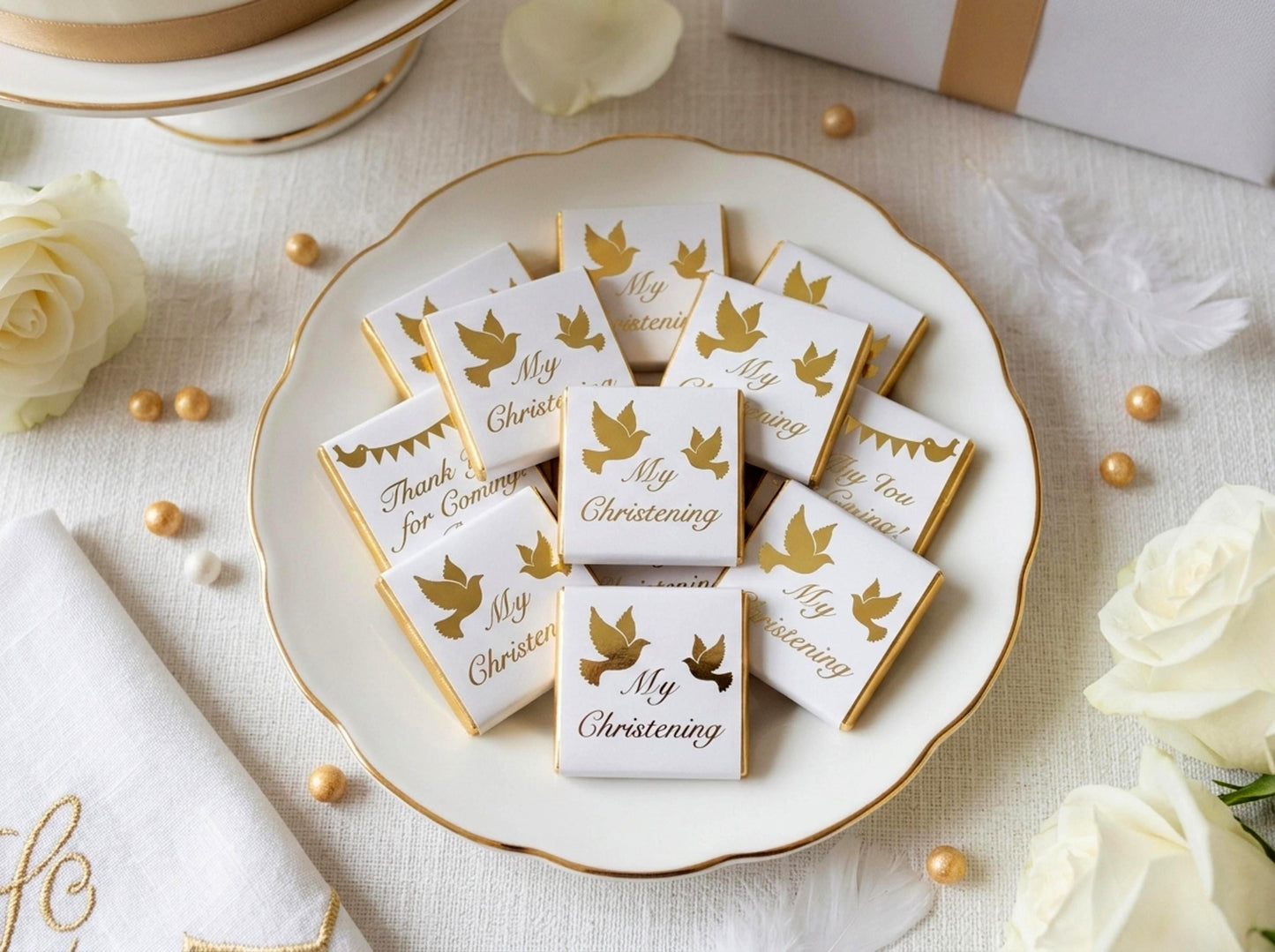 Personalised Christening Favours - Gold Foiled Dove Baptism Treats - Naming Day Party Bag Fillers