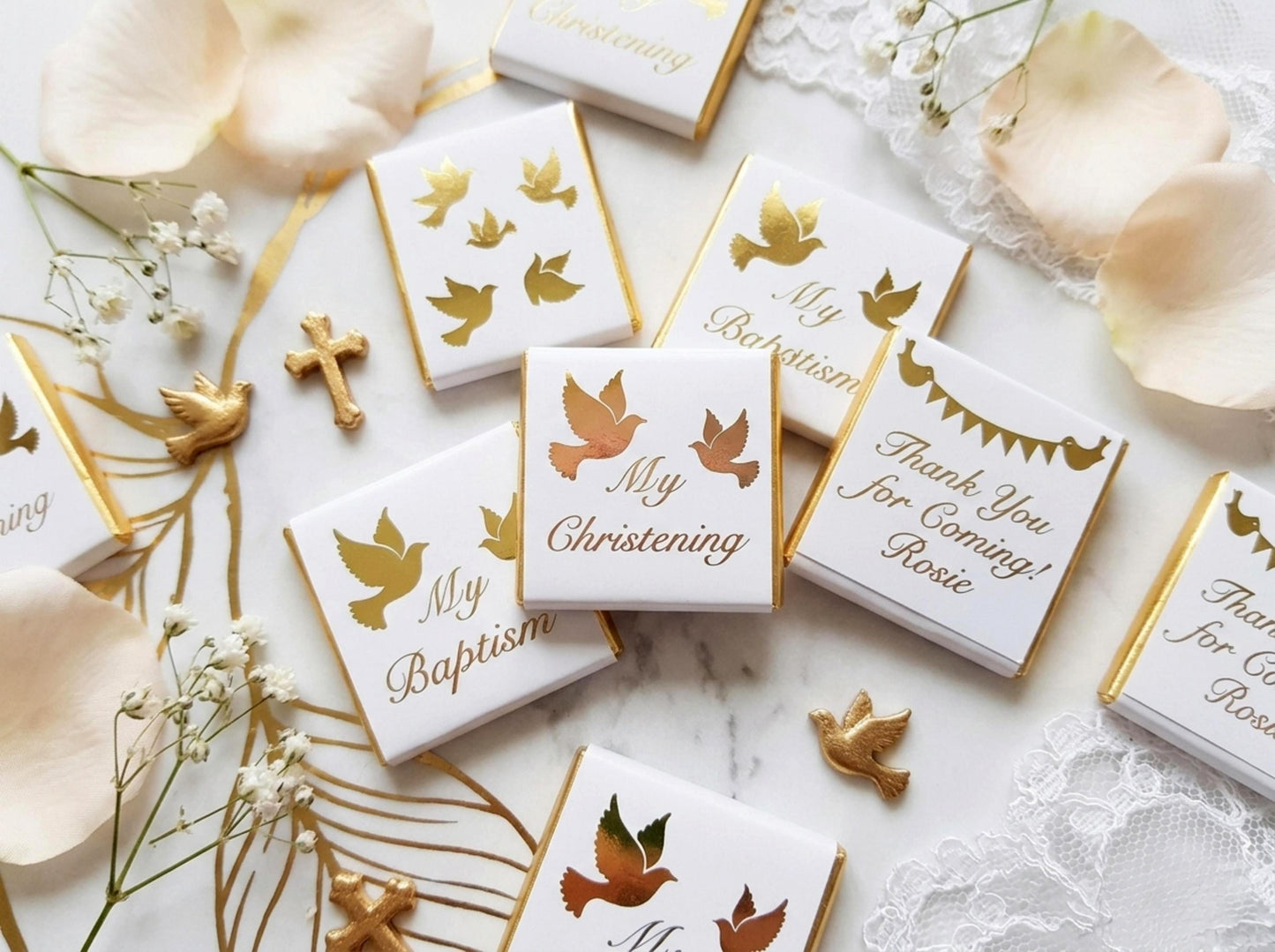 Personalised Christening Favours - Gold Foiled Dove Baptism Treats - Naming Day Party Bag Fillers