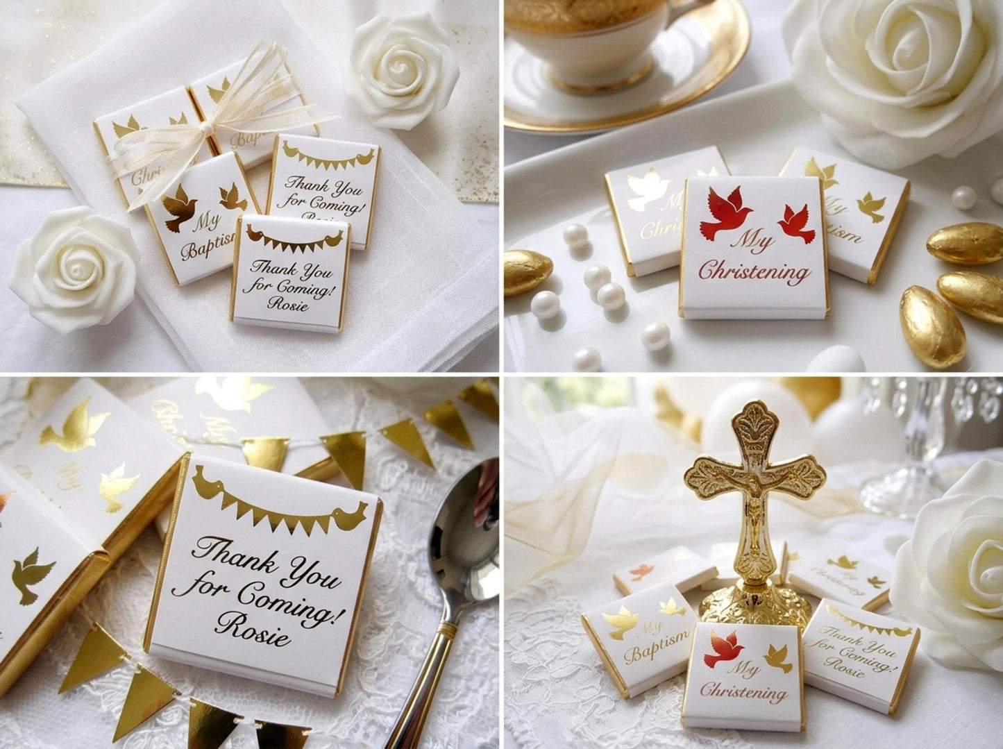 Personalised Christening Favours - Gold Foiled Dove Baptism Treats - Naming Day Party Bag Fillers