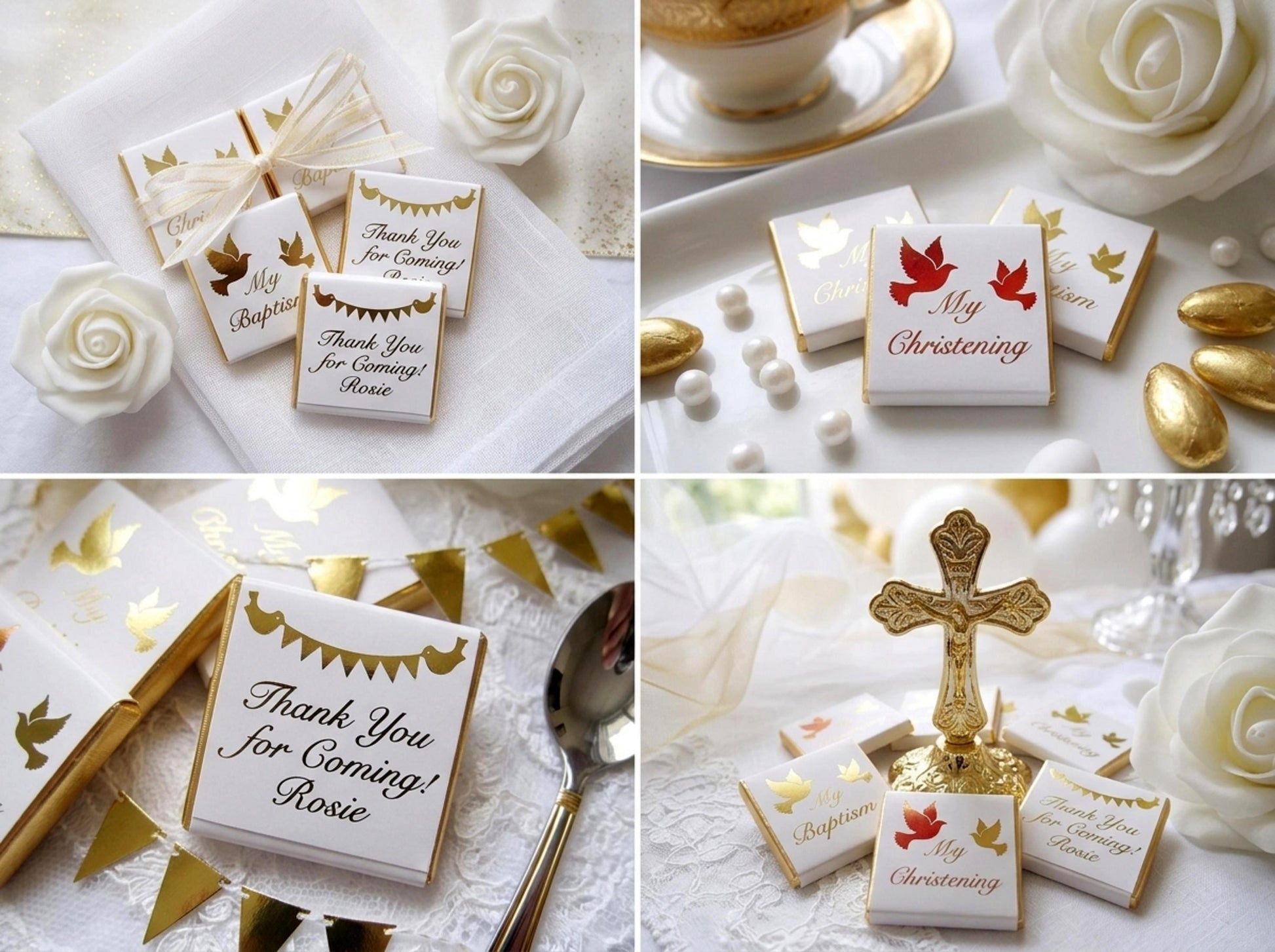 Personalised Christening Favours - Gold Foiled Dove Baptism Treats - Naming Day Party Bag Fillers