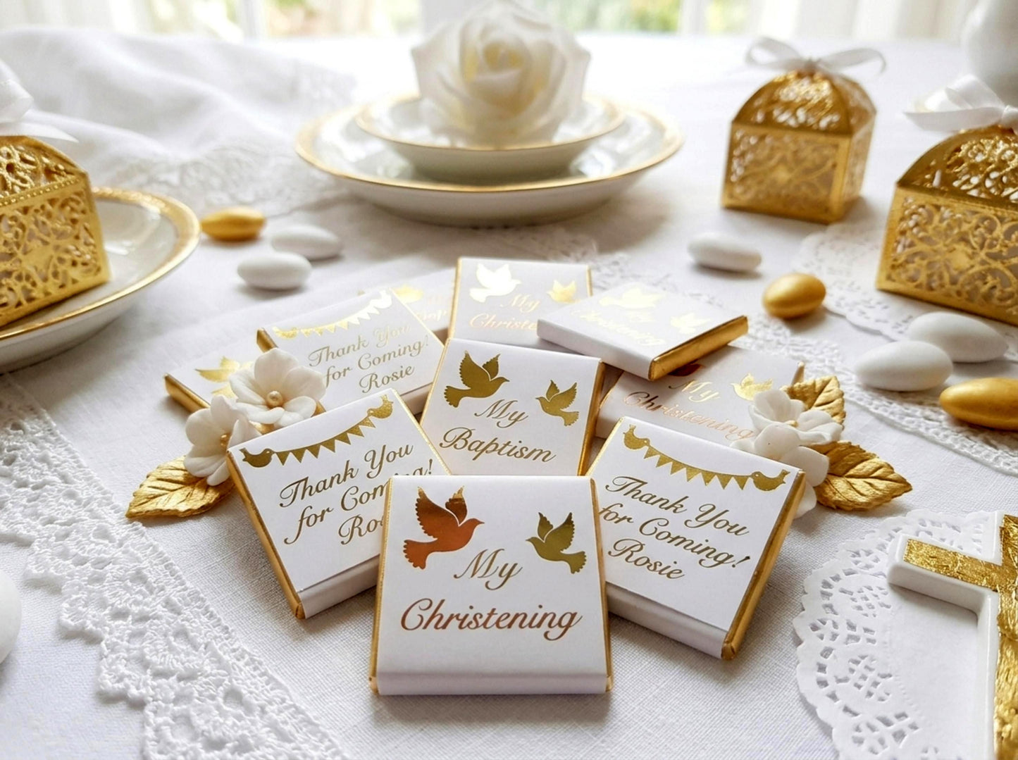 Personalised Christening Favours - Gold Foiled Dove Baptism Treats - Naming Day Party Bag Fillers
