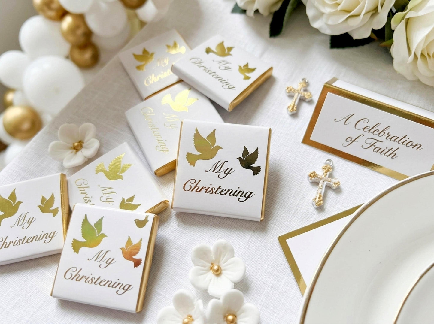 Personalised Christening Favours - Gold Foiled Dove Baptism Treats - Naming Day Party Bag Fillers