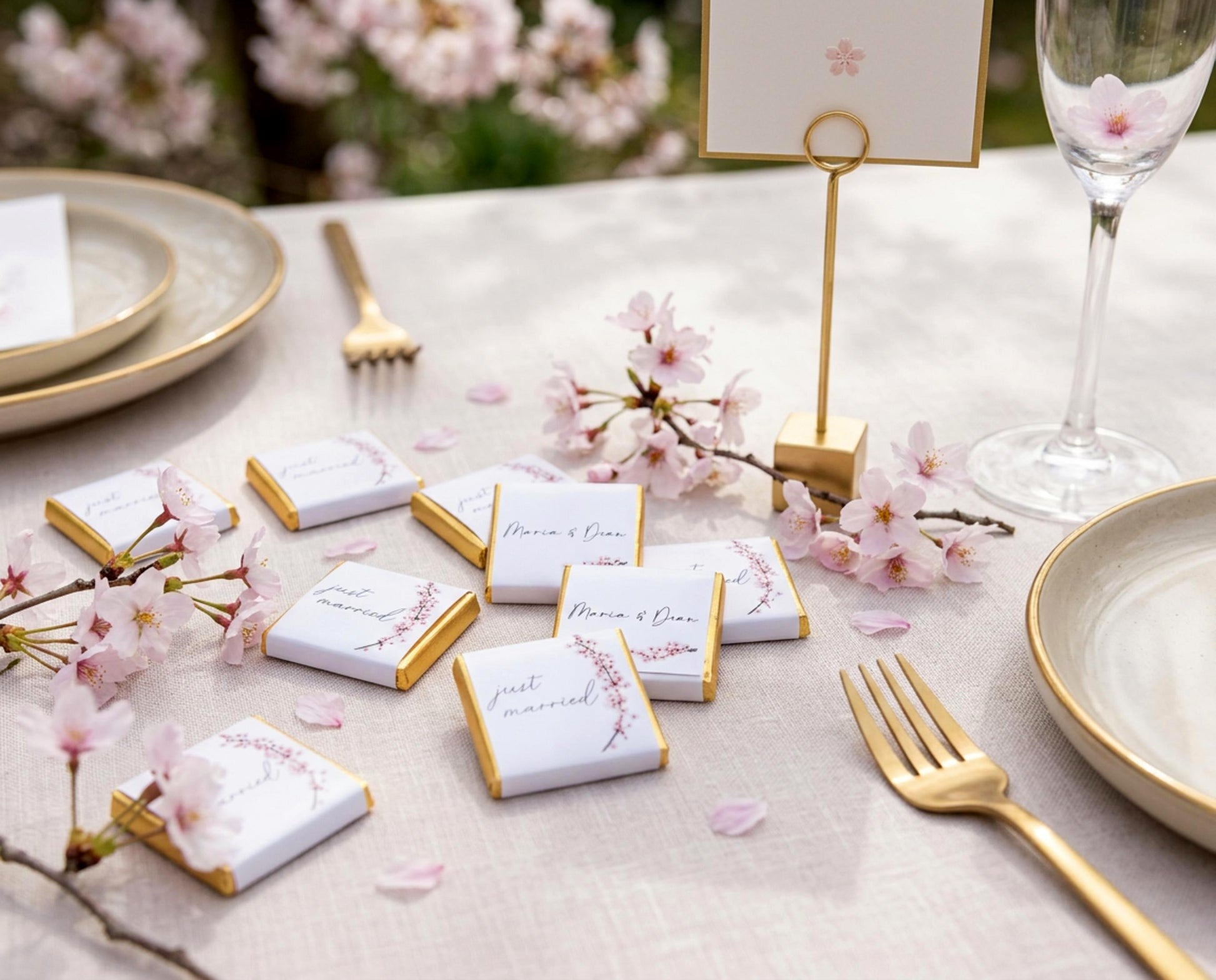 Personalised Cherry Blossom Wedding Favours - Just Married Chocolate Treats - Spring Wedding Table Decor
