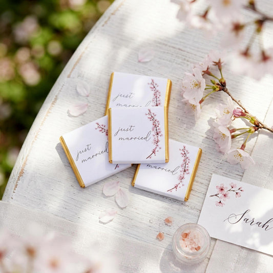 Personalised Cherry Blossom Wedding Favours - Just Married Chocolate Treats - Spring Wedding Table Decor