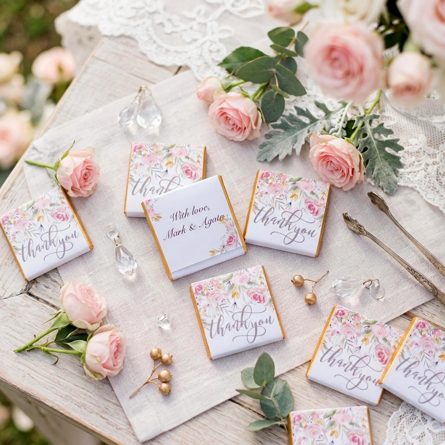 Personalised Pink Floral Chocolate Favours – Custom Thank You Wedding Treats