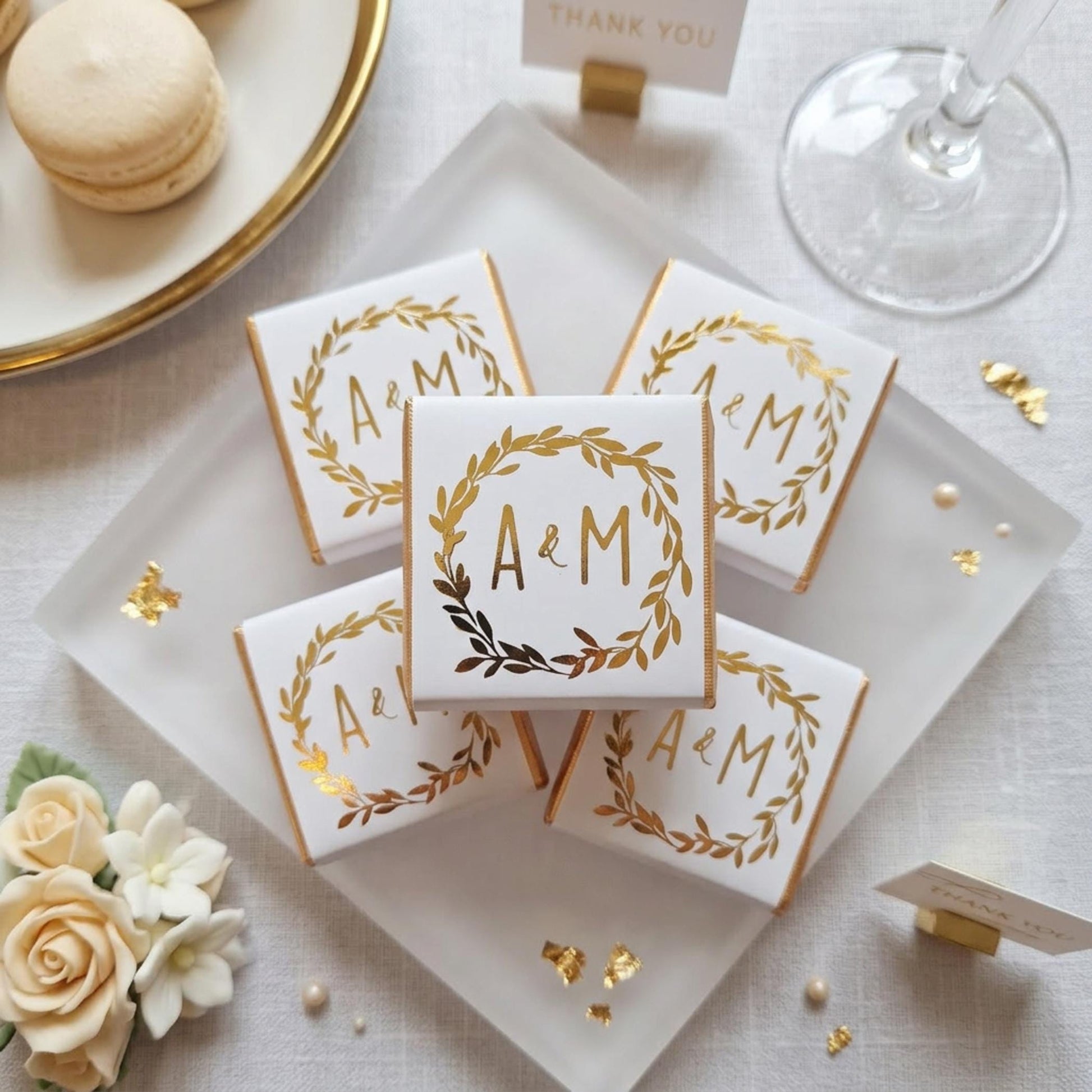 May include: White square boxes with gold foil detailing, featuring the letters "A & M" within a gold wreath design. The boxes are presented on a clear square plate, with a "Thank You" card and macarons visible. Gold leaf and pearls are scattered around.
