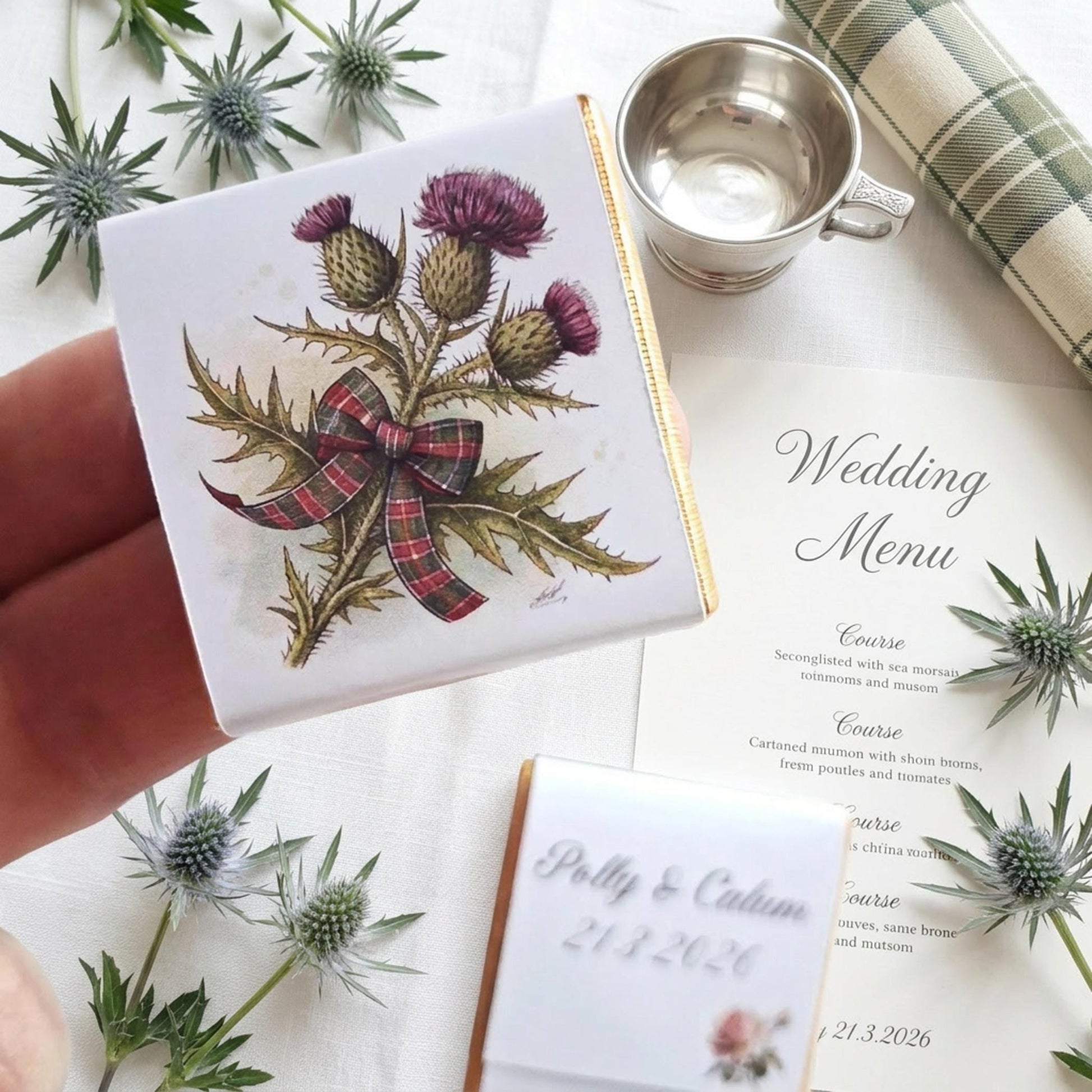 Personalised Scottish Thistle Favours - Scottish Wedding Chocolate - Highland Theme Party Bag Fillers - Burns Night Table Decor