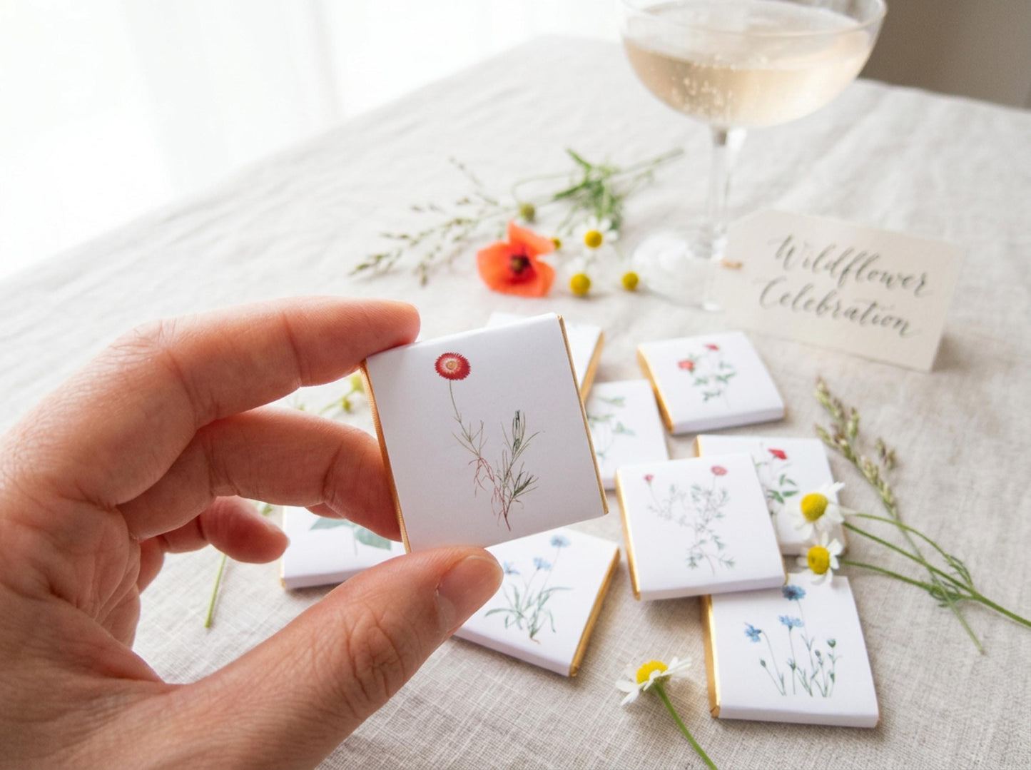 Personalised Wildflower Chocolates – Botanical Wedding Favours, Garden Party Treats