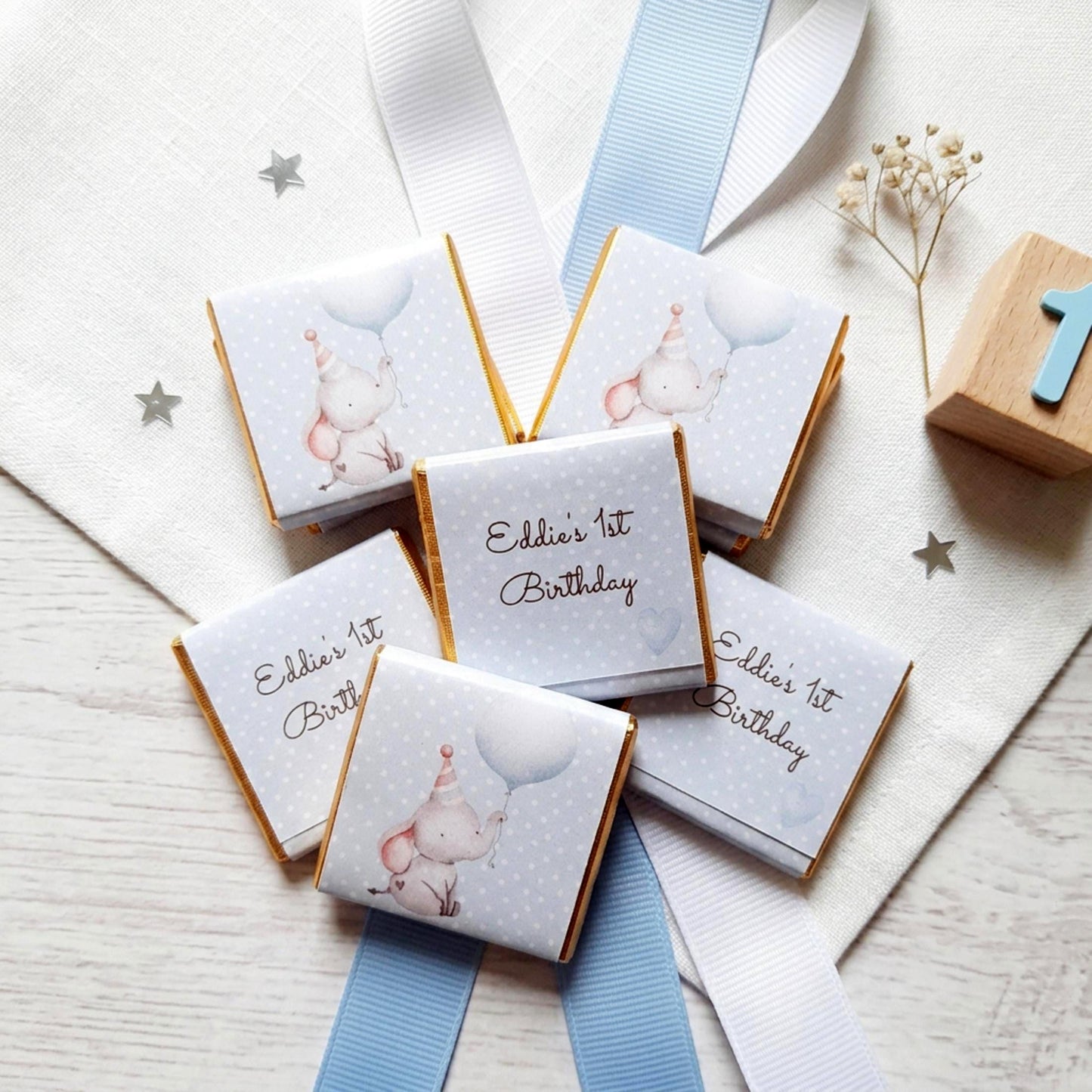 Personalised Elephant 1st Birthday Favours – Elephant Baby Boy Party Treats