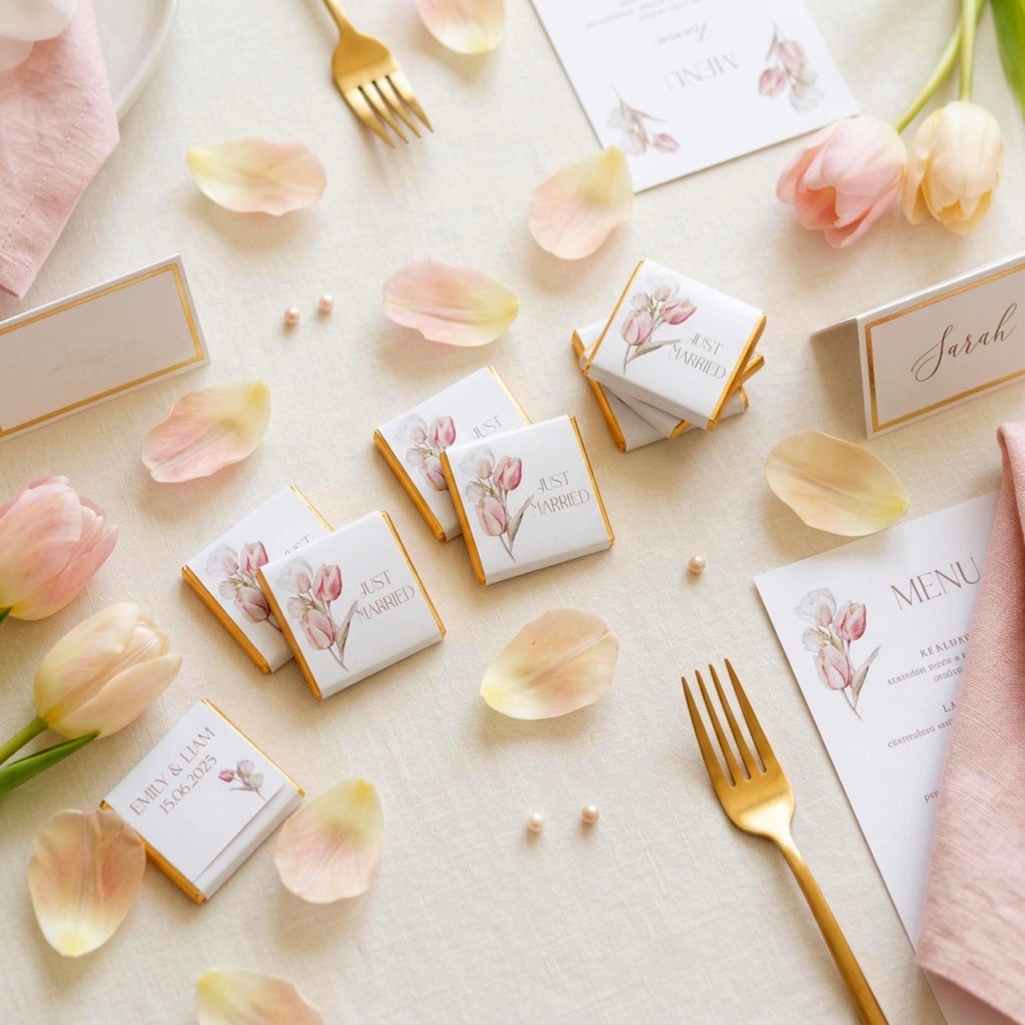 Personalised Just Married Wedding Favours Tulips design