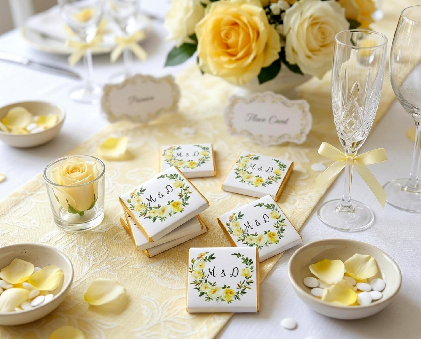 Personalised Yellow Rose Wedding Chocolates – Custom Anniversary Guest Favours