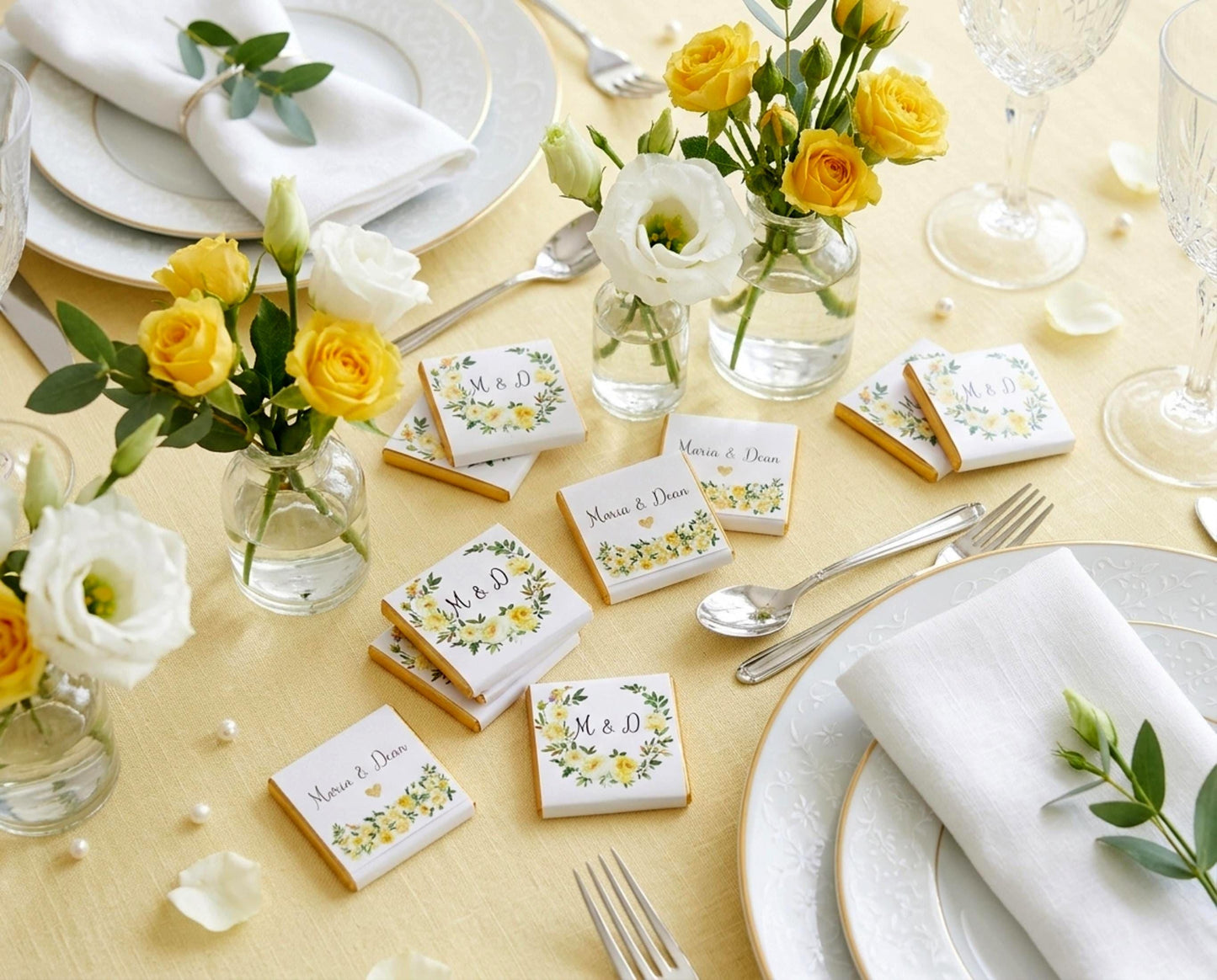 Personalised Yellow Rose Wedding Chocolates – Custom Anniversary Guest Favours