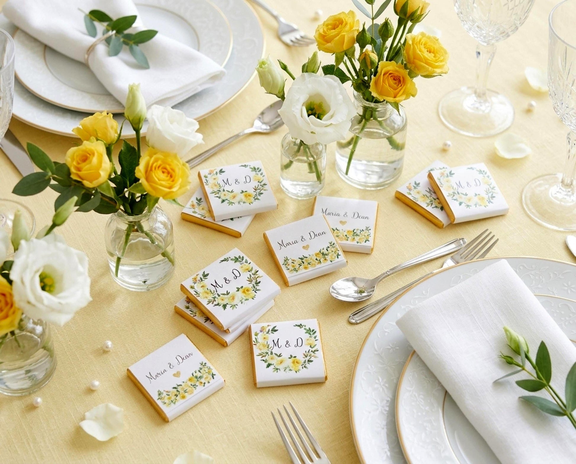 Personalised Yellow Rose Wedding Chocolates – Custom Anniversary Guest Favours