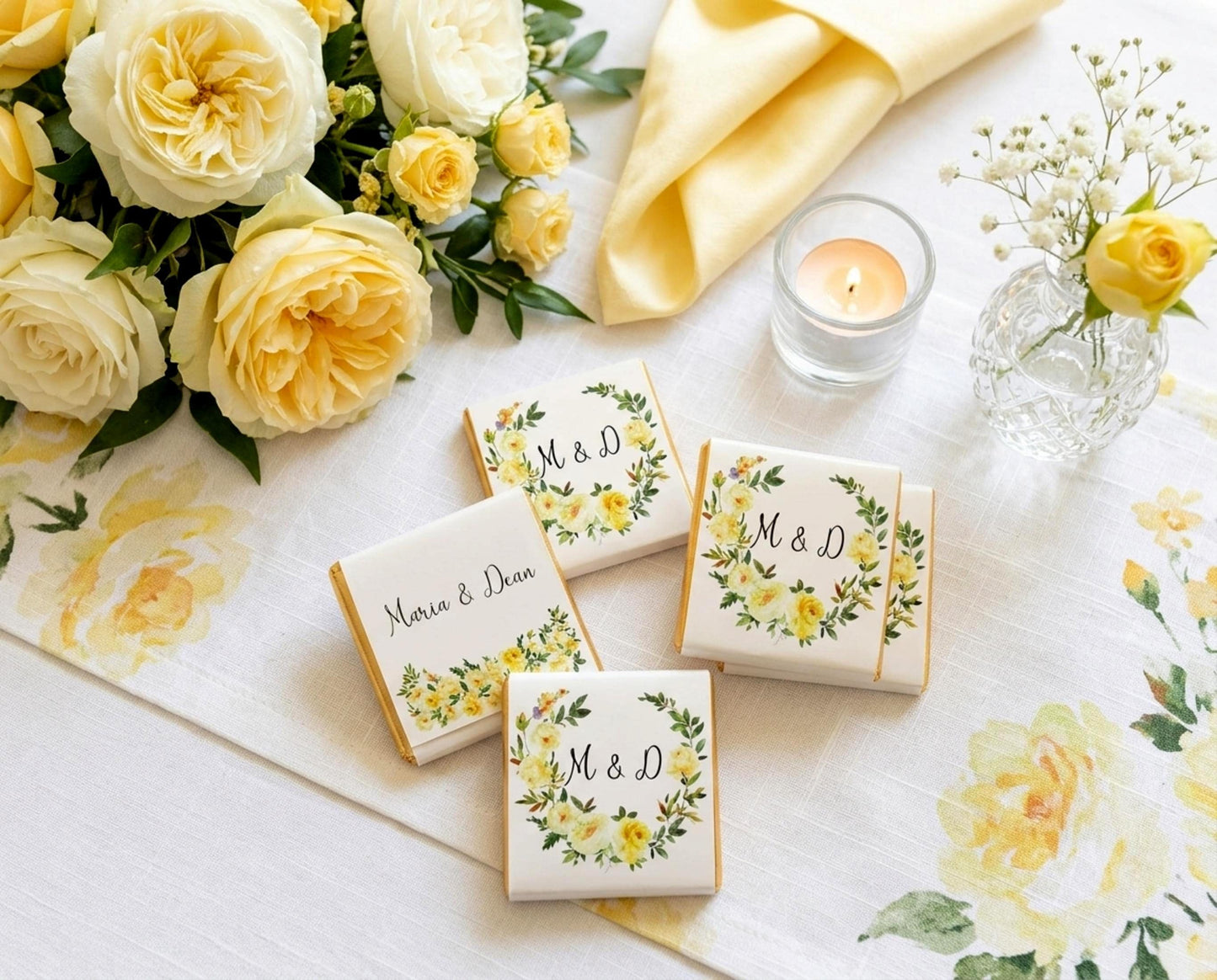 Personalised Yellow Rose Wedding Chocolates – Custom Anniversary Guest Favours