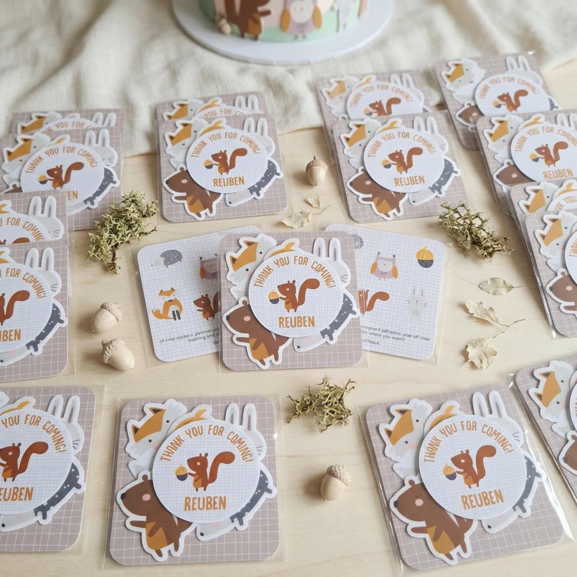 Personalised Woodland Vinyl Stickers Party Bags, Custom Forest Animal Birthday Favours