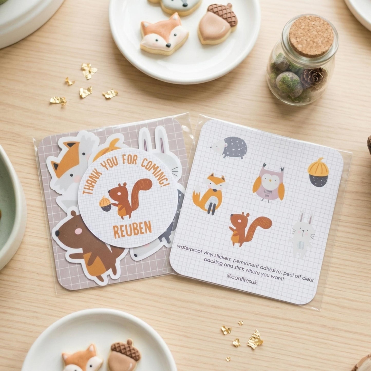 Personalised Woodland Vinyl Stickers Party Bags, Custom Forest Animal Birthday Favours