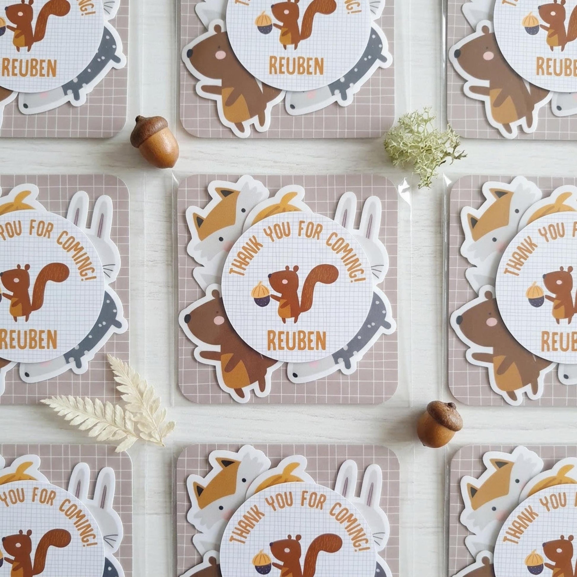 Personalised Woodland Vinyl Stickers Party Bags, Custom Forest Animal Birthday Favours