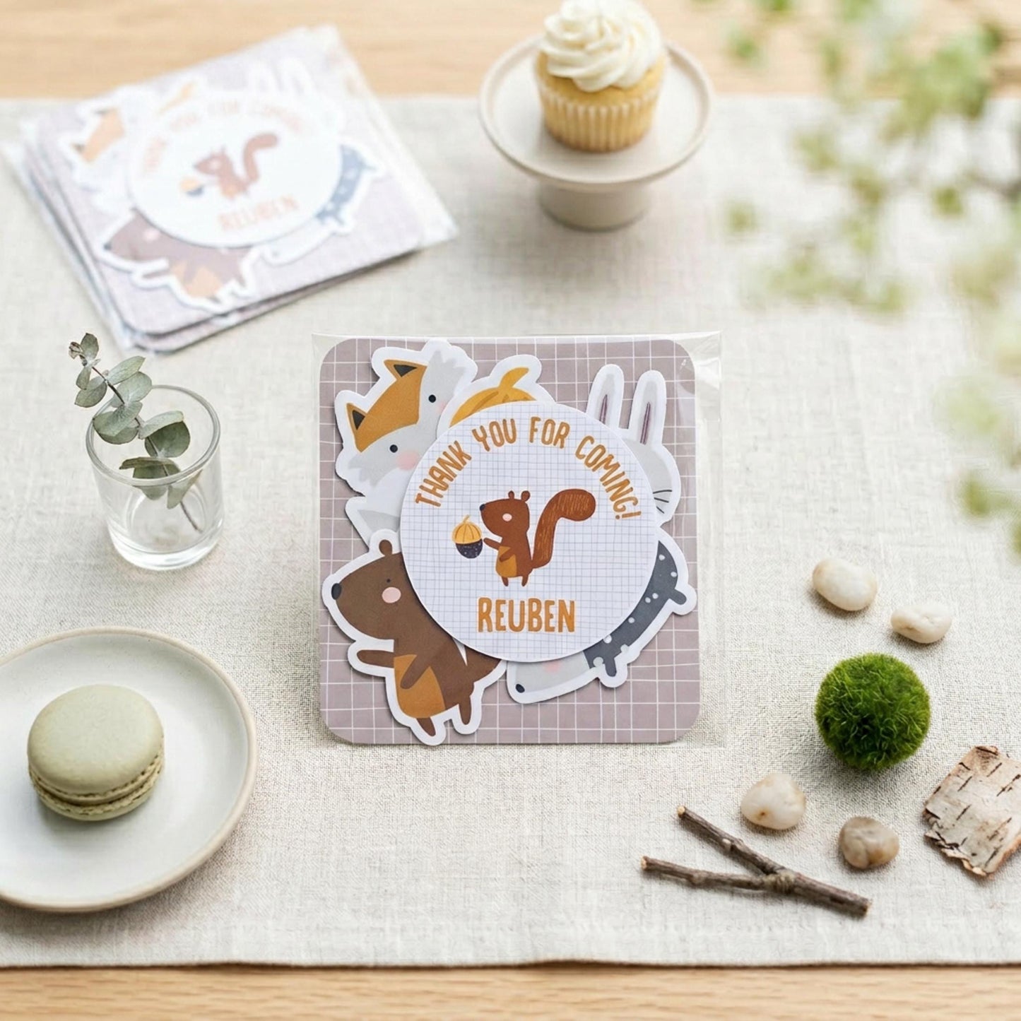 Personalised Woodland Vinyl Stickers Party Bags, Custom Forest Animal Birthday Favours