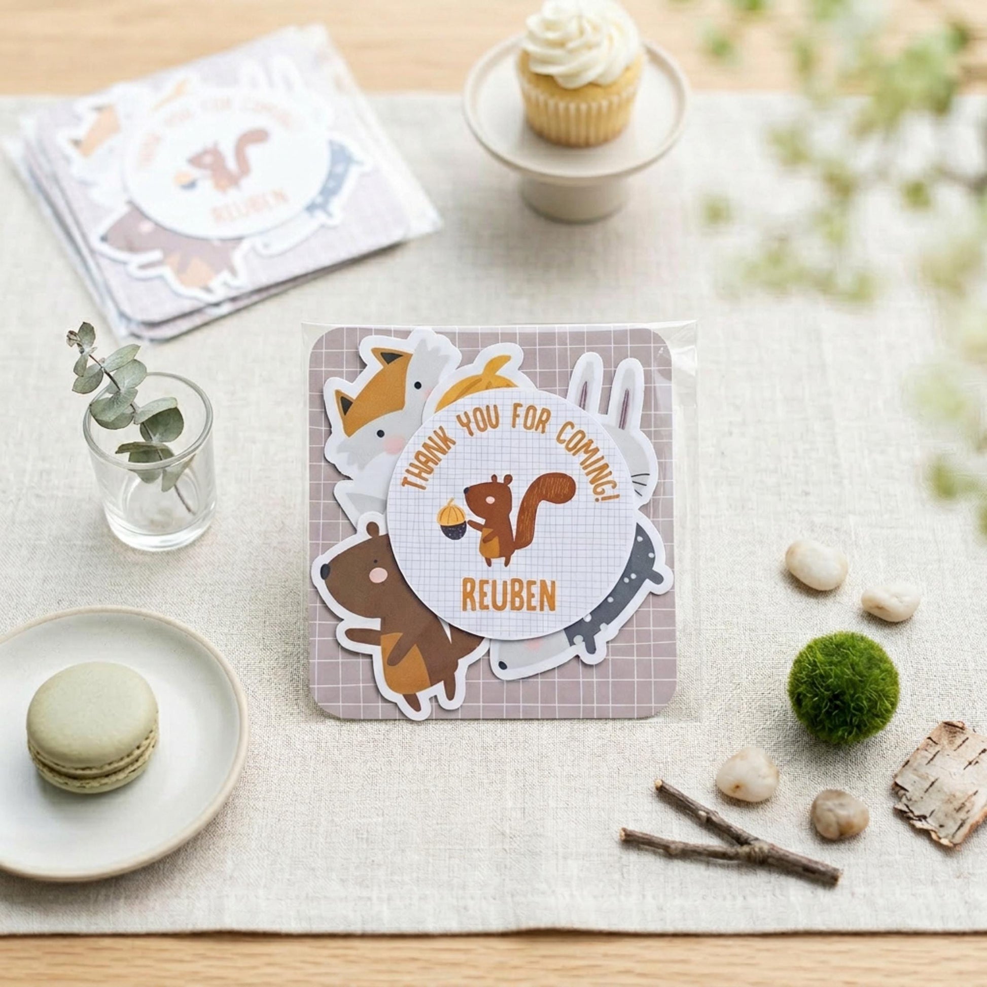 Personalised Woodland Vinyl Stickers Party Bags, Custom Forest Animal Birthday Favours