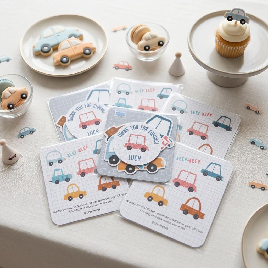 Personalised Cars Vinyl stickers Party Bags, Transportation Birthday Favours