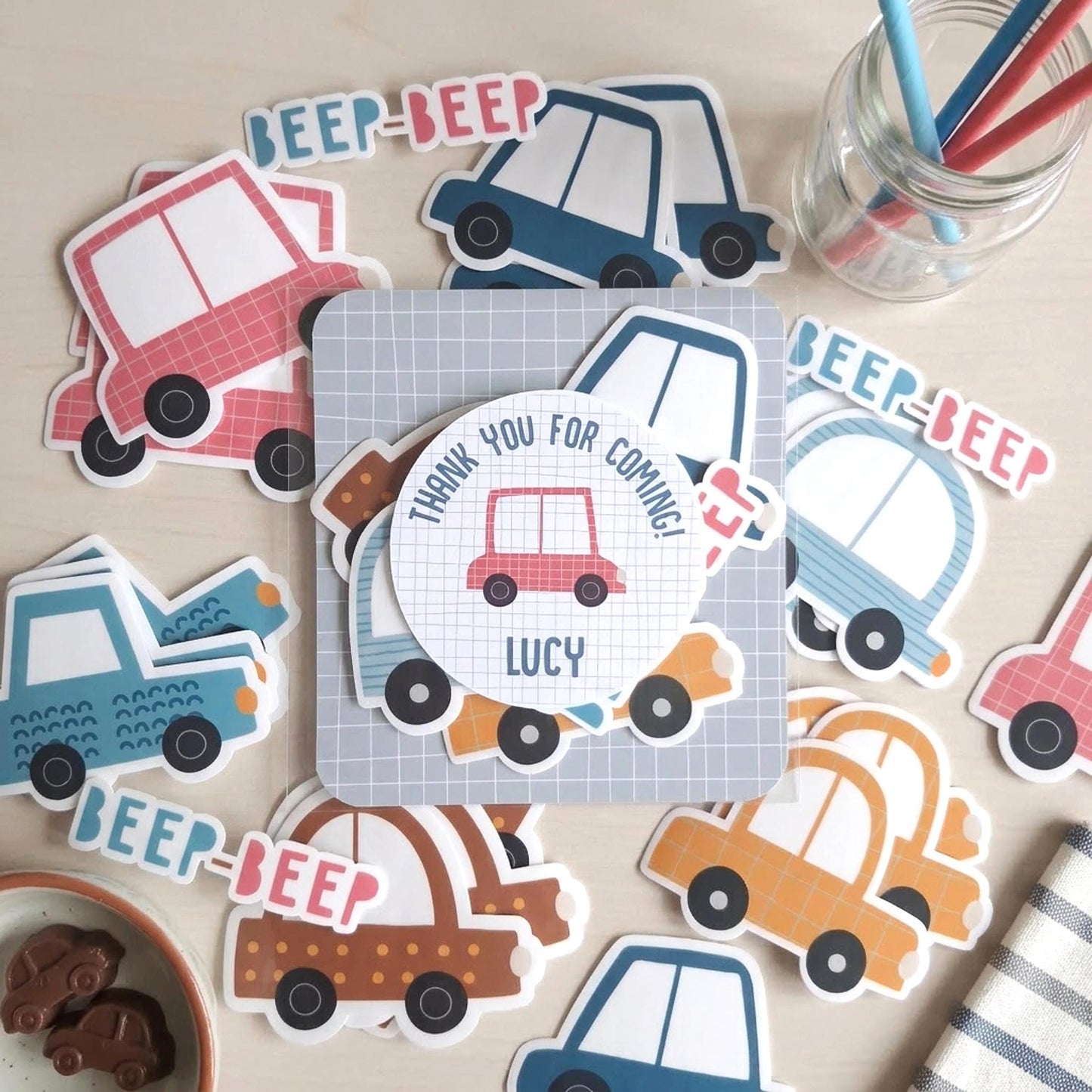 Personalised Cars Vinyl stickers Party Bags, Transportation Birthday Favours