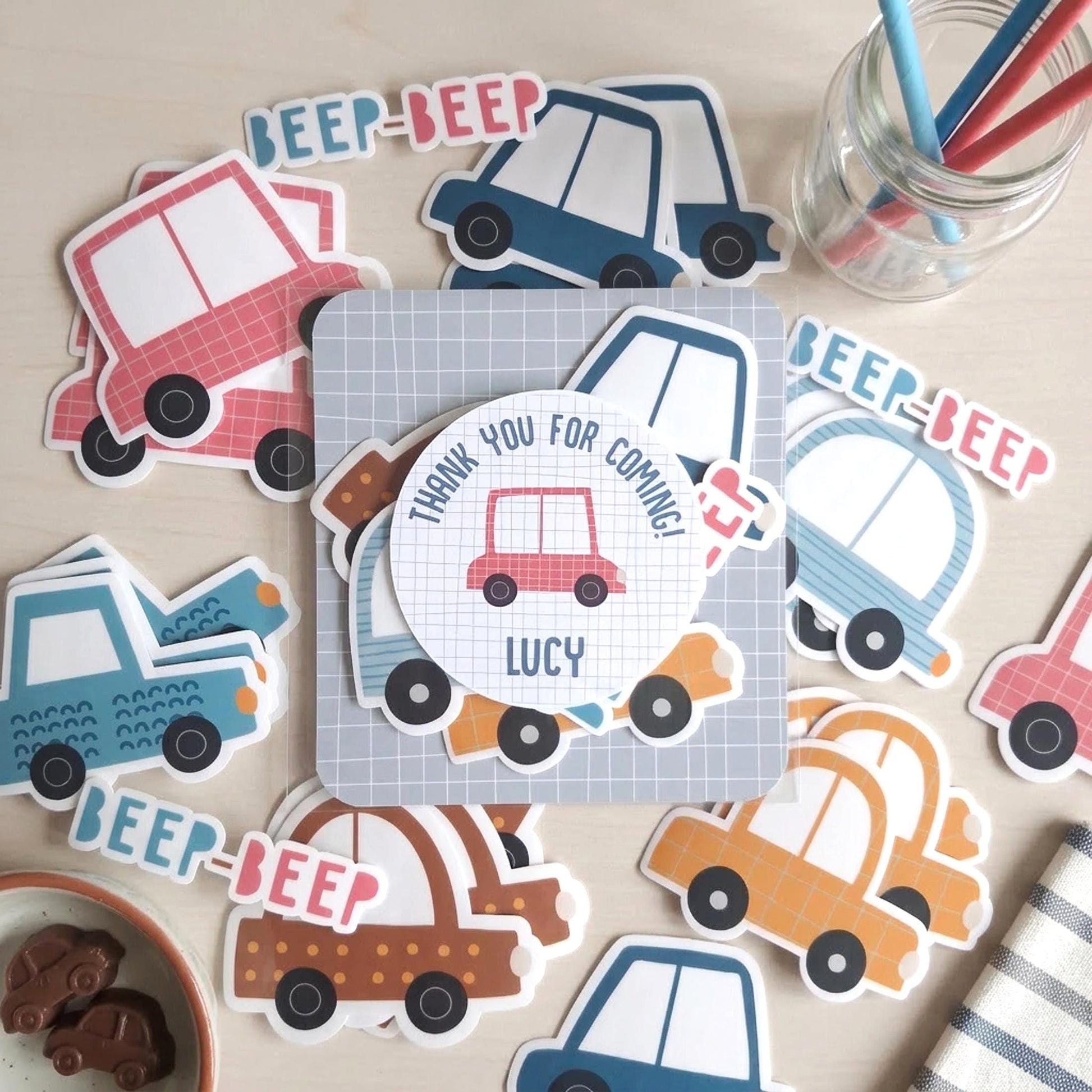 Personalised Cars Vinyl stickers Party Bags, Transportation Birthday Favours