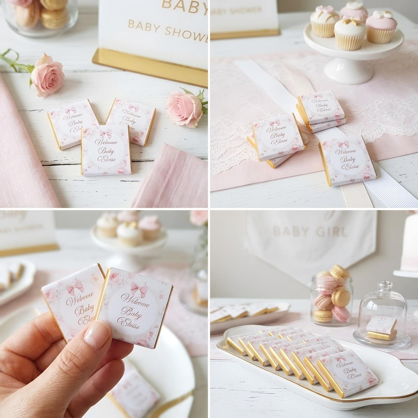 Personalised pink floral milk chocolates for baby girl shower favours and table decor