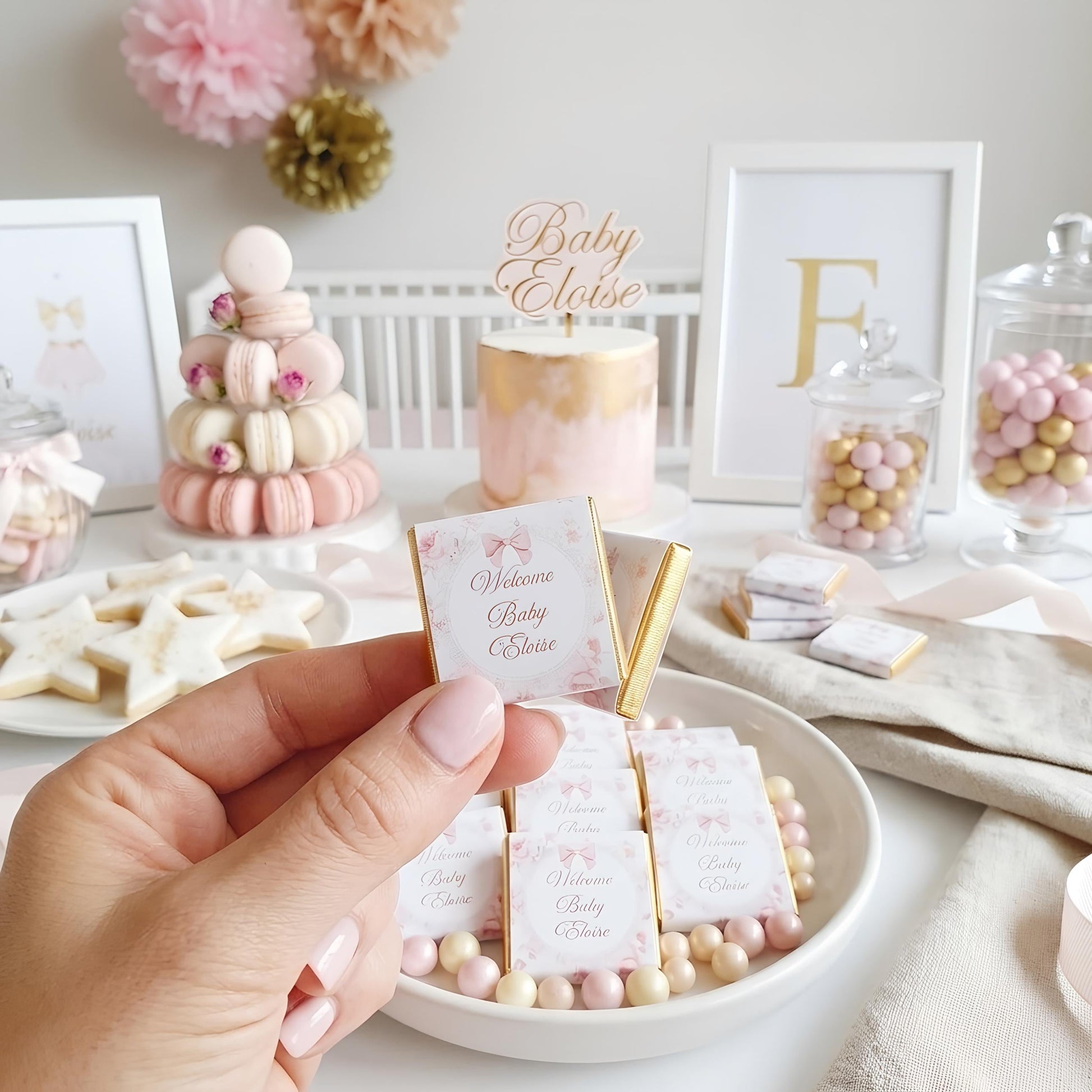 Personalised pink floral milk chocolates for baby girl shower favours and table decor