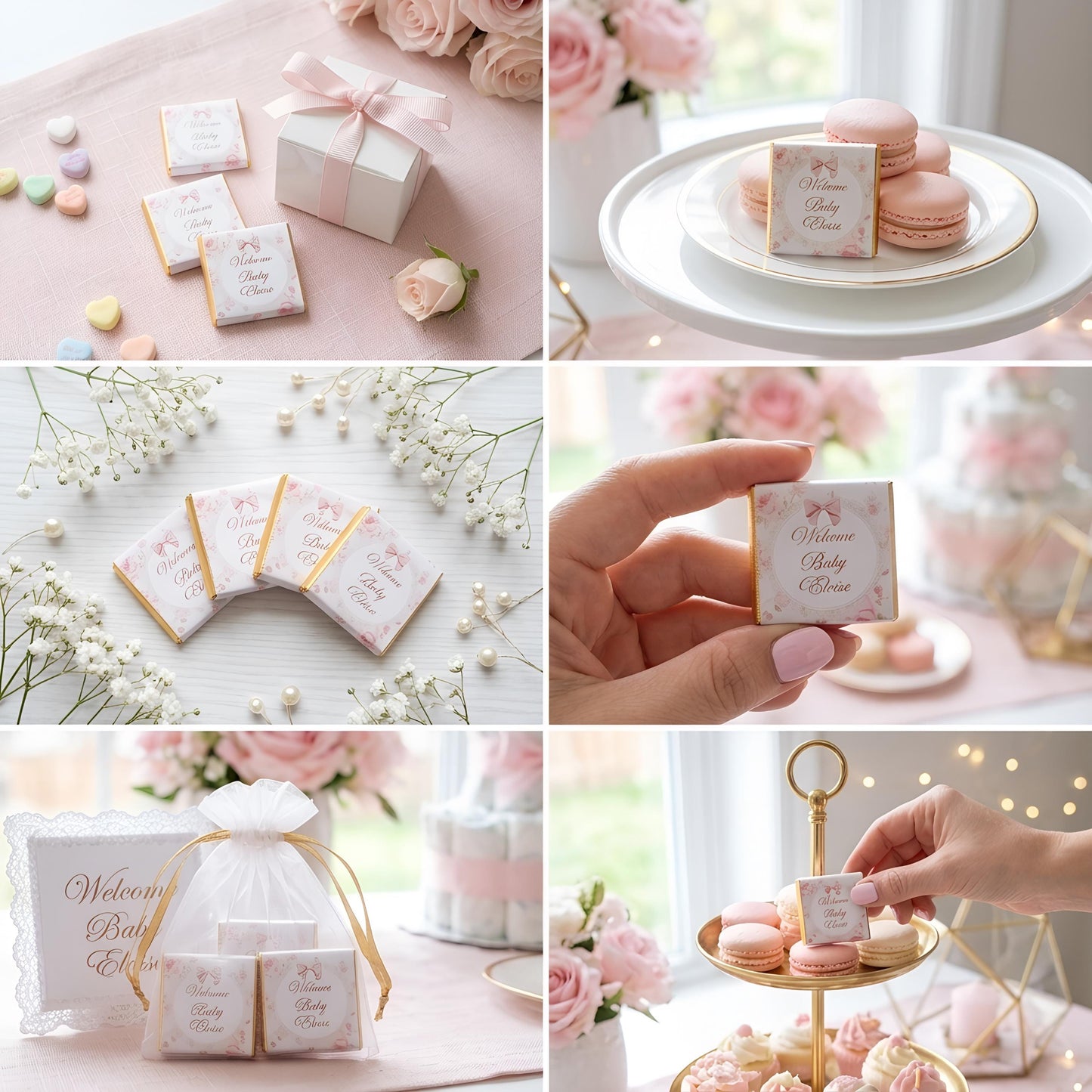 Personalised pink floral milk chocolates for baby girl shower favours and table decor